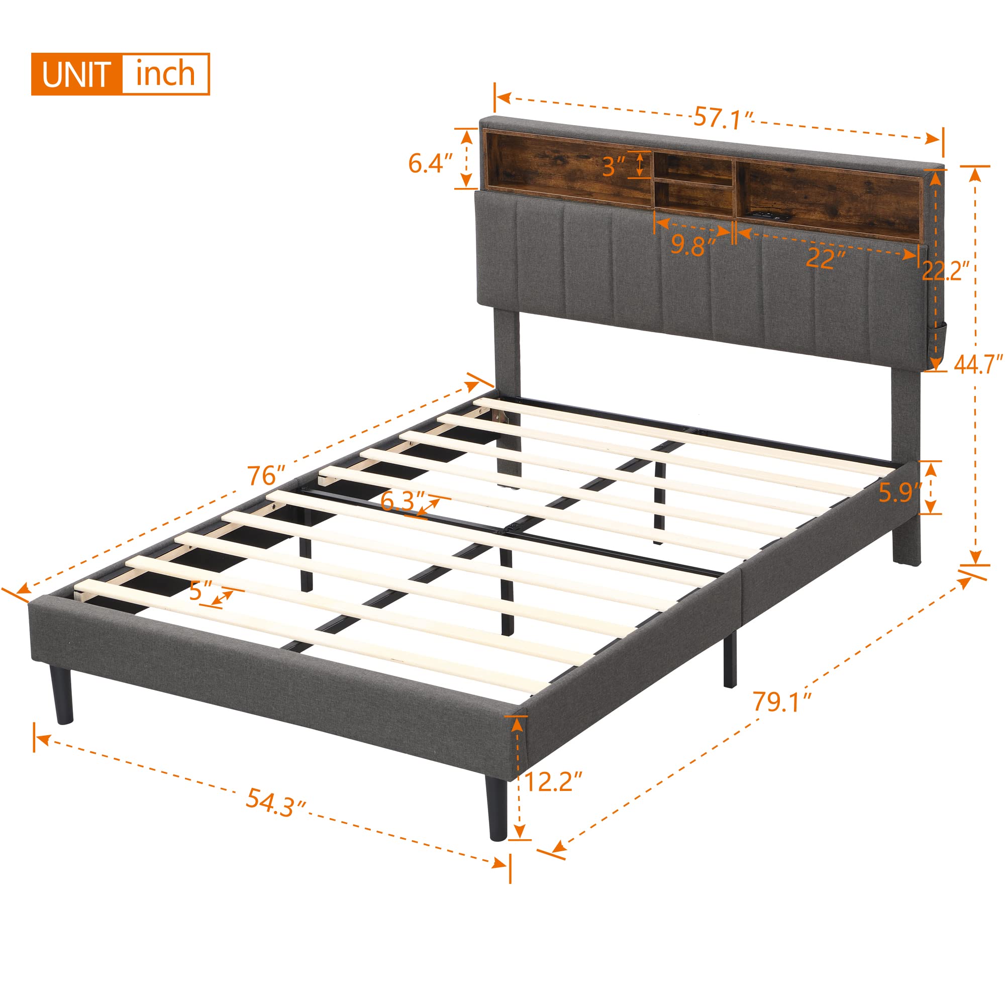 **Full Size LED Bed Frame with Headboard - Upholstered Platform Bed with Hidden Storage & USB Ports, Linen Fabric, No Box Spring Needed, Easy Assembly (Gray) - Perfect for Modern Bedrooms, Guest Rooms & Small Spaces**