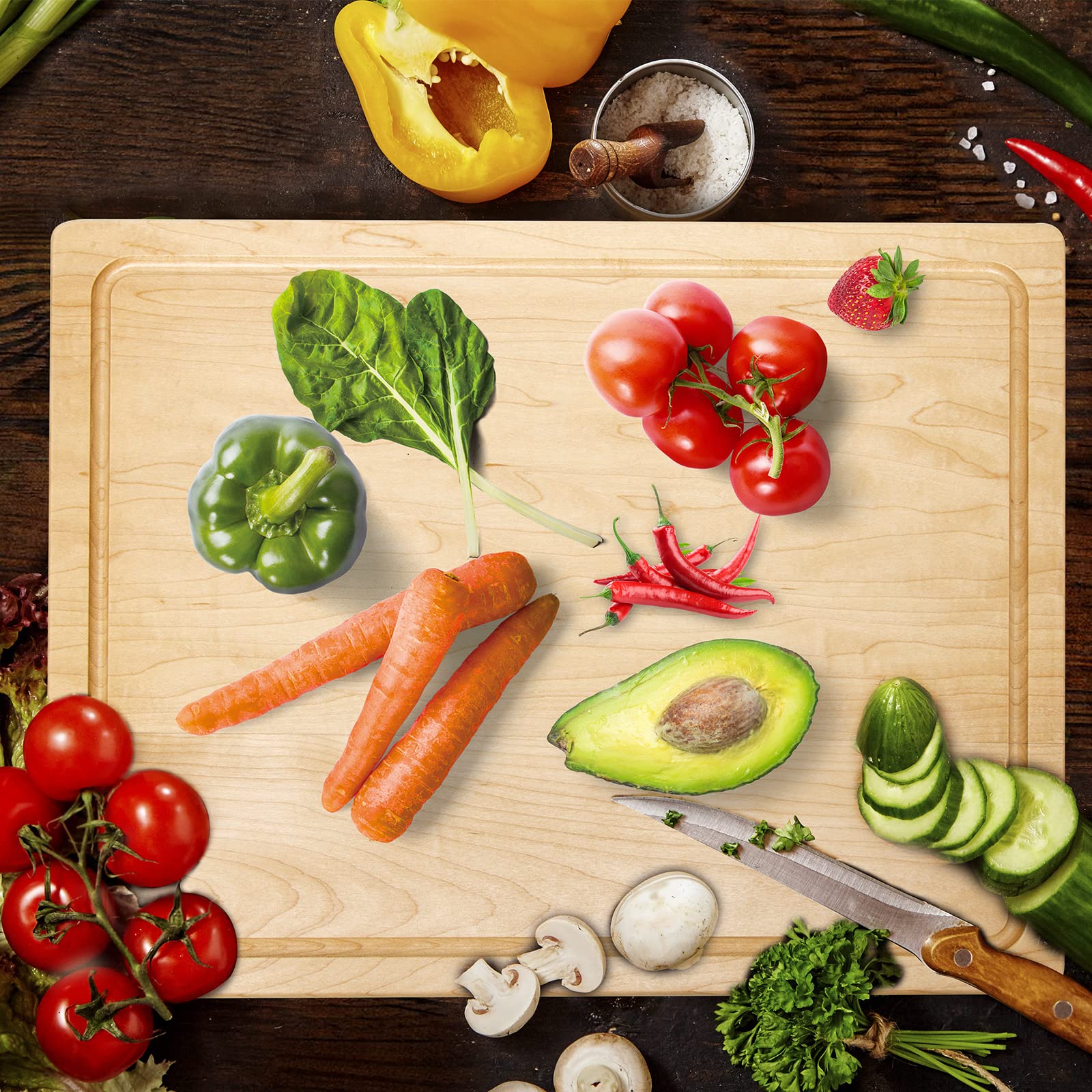 Premium Large Maple Wood Cutting Board - Reversible Thick Butcher Block with Handles & Juice Groove - Multipurpose Kitchen Chopping Board for Meat, Vegetables & Fruits - Perfect for Home Cooking, BBQ & Entertaining