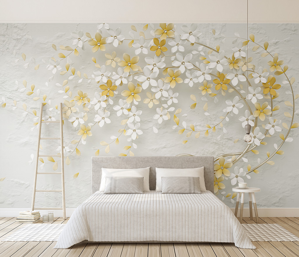 3D Tree White & Yellow Flowers Wallpaper Murals - Self-Adhesive Peel and Stick Wallpaper for Bedroom, Living Room, Nursery - Easy to Install & Removable Home Decor