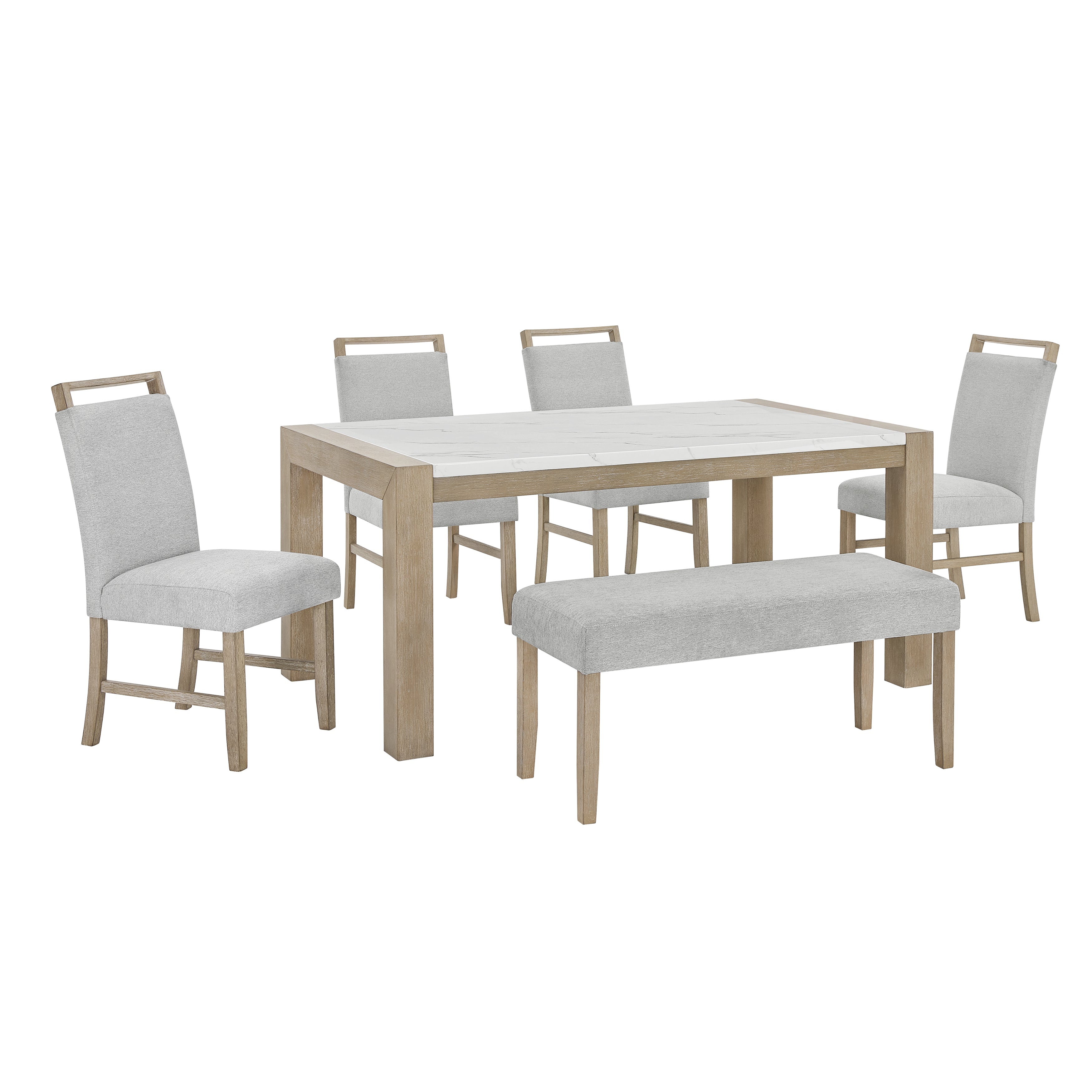Roundhill Furniture Zelalle 6-Piece Dining Set with Table, 4 Chairs & Bench - White Wired Brushed Finish for Kitchen, Breakfast Nook or Small Dining Room