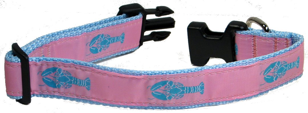 Preston Blue Lobster on Pink Dog Collar - Adjustable Nylon Pet Collar for Medium & Large Dogs (1.25