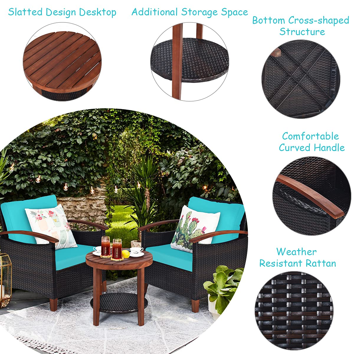 3-Piece Outdoor Patio Furniture Set - Rattan Sofa with Washable Cushions & Acacia Wood Coffee Table - Weather-Resistant Wicker Conversation Set for Garden, Poolside, Balcony (Turquoise) - Perfect for Relaxing, Entertaining & Outdoor Lounging