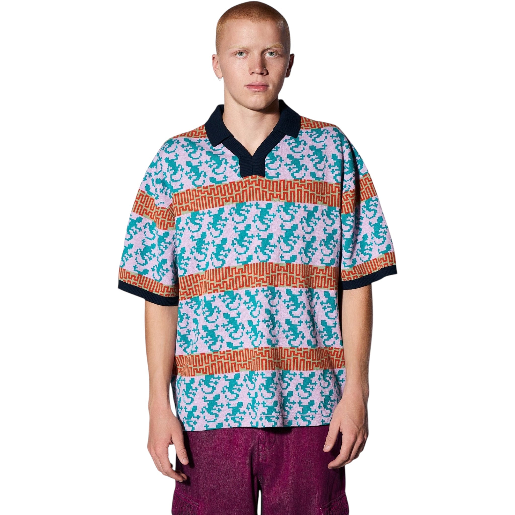 Pleasures Gecko Jacquard Polo Shirt for Men - Stylish Casual Multi-Color Design - Perfect for Summer Outings, Golf, and Everyday Wear