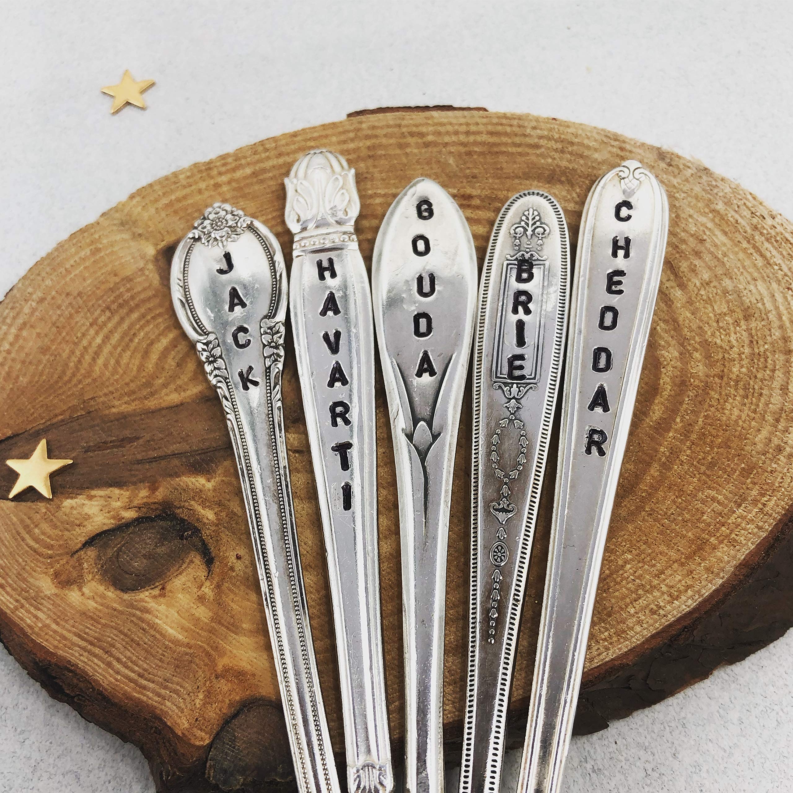 Custom Cheese Markers Set of 5 - Engraved Silver Plate Cheese Spoons with Personalized Cheese Names - Perfect for Wine & Cheese Parties, Charcuterie Boards & Gourmet Gift Giving