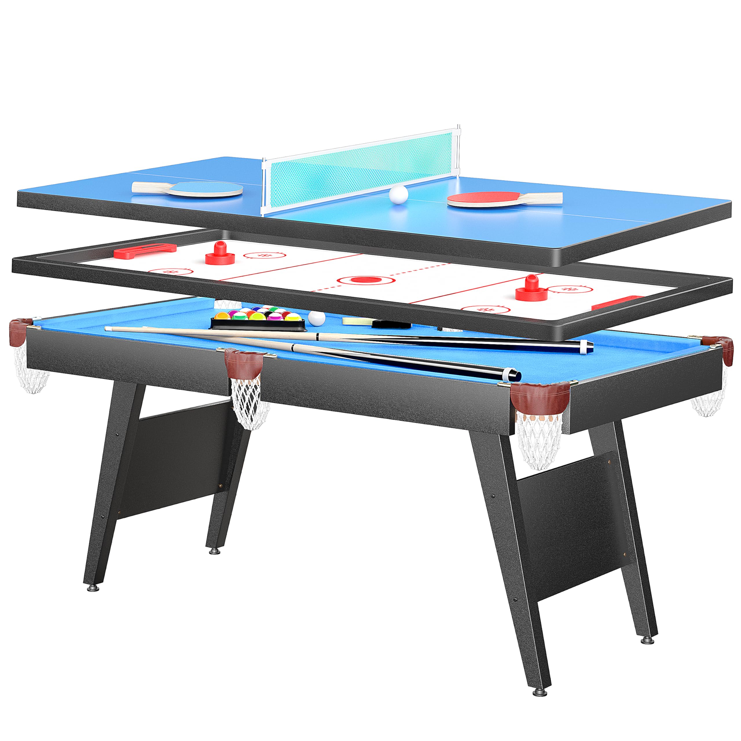 3-in-1 Multi-Game Table - 65.75 Inch Convertible Pool Table, Ping Pong Table & Air Hockey Combo for Indoor/Outdoor Use | Perfect for Family Game Rooms, Basements & Backyard Entertainment