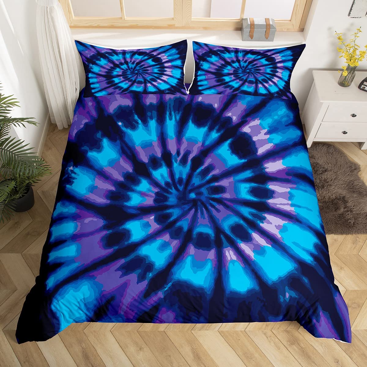 Feelyou Tie Dye Bedding Set - Bohemian Psychedelic Duvet Cover for Kids (Twin Size) | Watercolor Blue Purple Comforter Cover with 2 Pillowcases | Boho Chic Bedroom Decor for Boys & Girls | Perfect for Teen Rooms, Dorm Decor & Bohemian Style Bedrooms