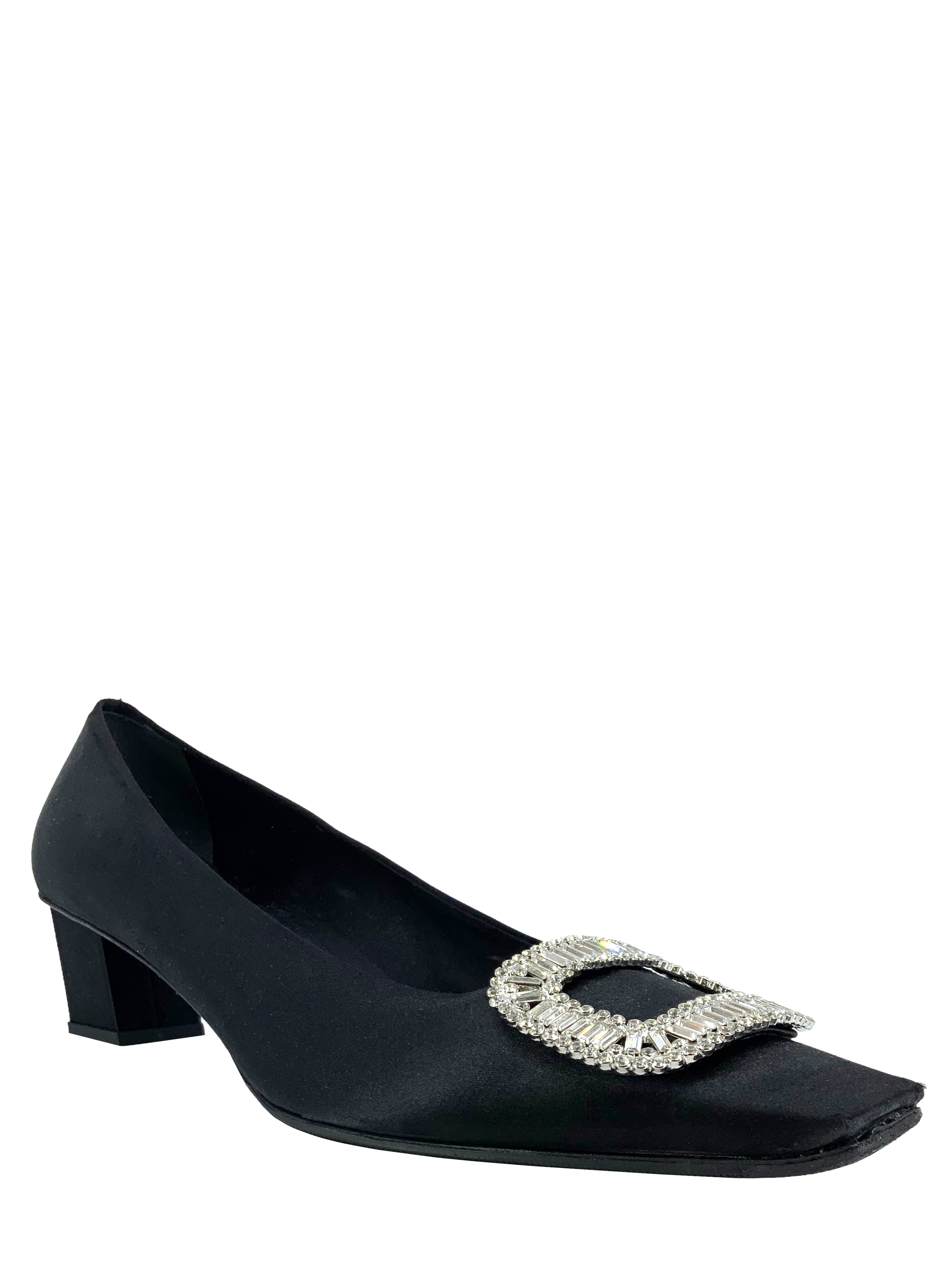 ROGER VIVIER Belle Vivier Crystal Embellished Buckle Satin Pumps - Women's Luxury Dress Shoes Size 10 for Weddings, Parties & Formal Events
