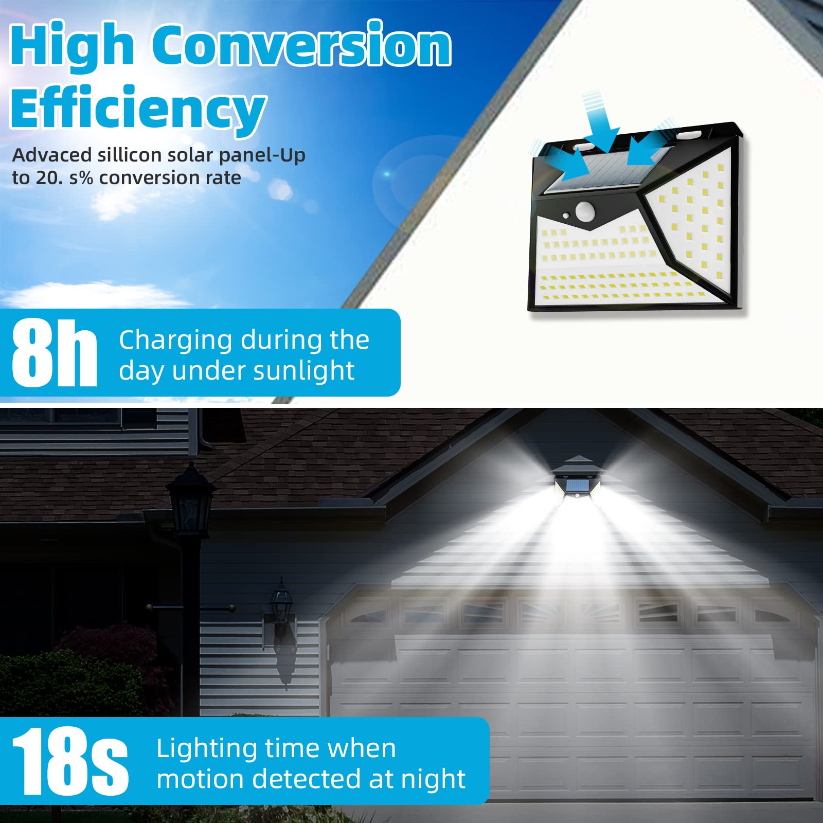Solar Powered Outdoor Lights with Motion Sensor - 118 LED Waterproof IP65 Solar Lights for Yard, Garden, Garage & Deck - Wireless 270° Wide Angle Lighting with 3 Brightness Modes (4 Pack) - Perfect for Pathway, Patio, Driveway & Home Security Lighting