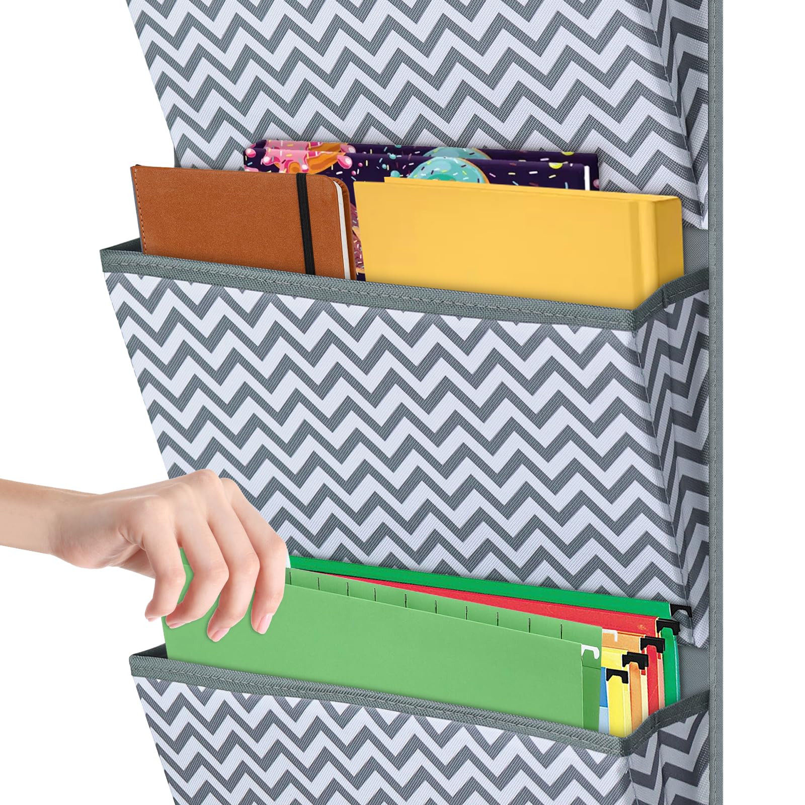 Godery Hanging Wall Organizer - 4 Pocket Fabric File Holder for Office Supplies, Notebooks, Planners & Mail - Wall Mount or Over The Door Storage Solution - Wave Pattern Design - Perfect for Home Office, Dorm Room & Workspace Organization