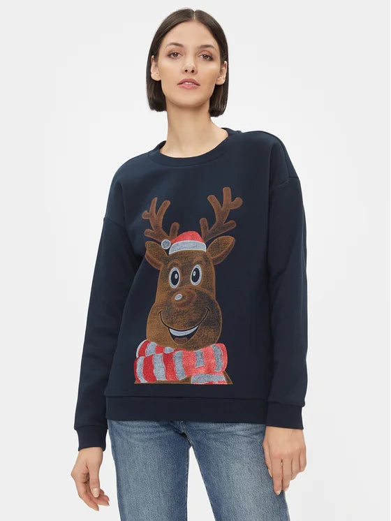 Sparkling Glitter Reindeer Christmas Sweater for Women & Men - Navy Blue Holiday Pullover for Xmas Party & Family Gatherings
