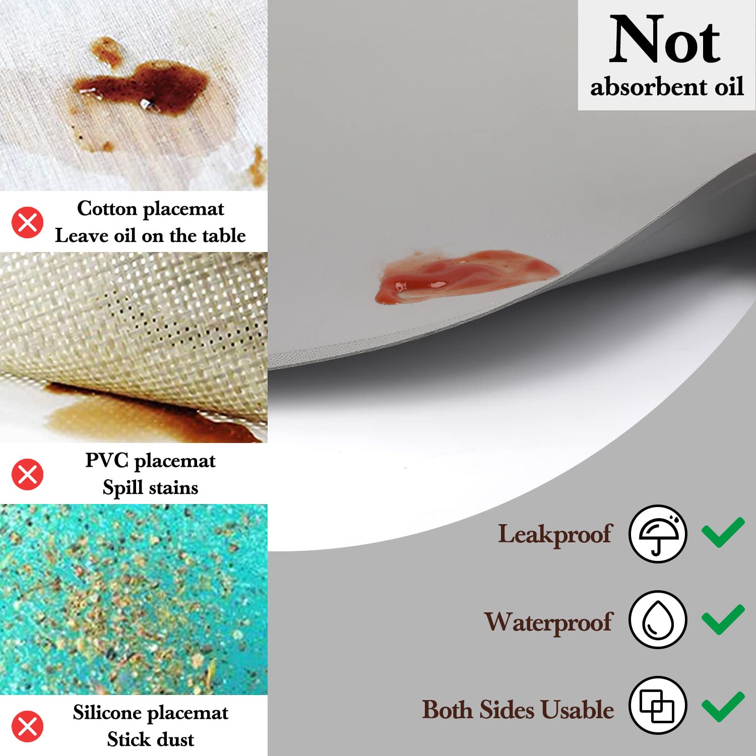 Premium Faux Leather Placemats Set of 4 - Heat Resistant, Wipeable & Washable Oval Table Mats for Kitchen Dining - Modern Light Grey Placemats for Round Tables - Perfect for Everyday Meals, Dinner Parties & Home Decor