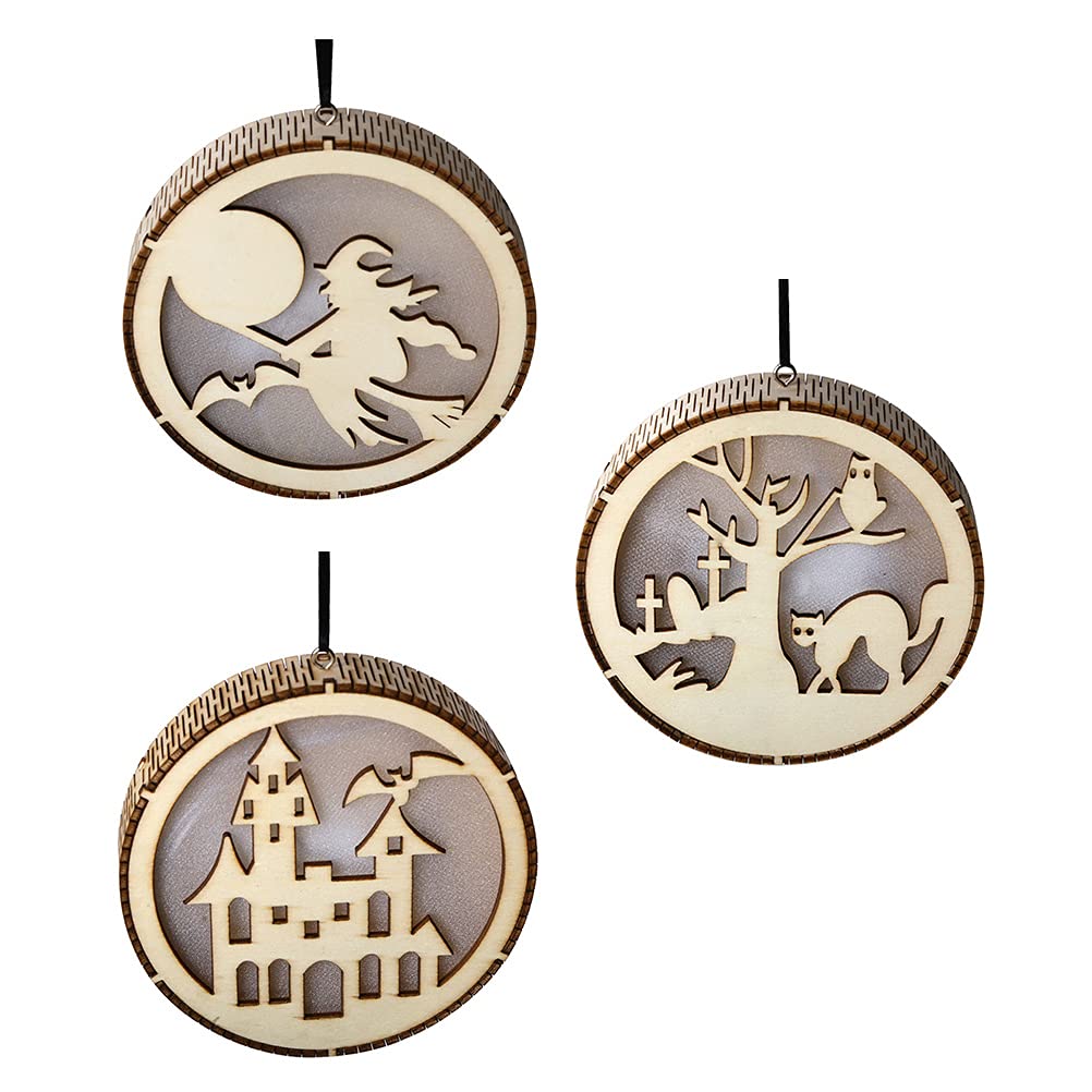 Veemoon 3PCS Wooden Halloween LED Lamp Pendant - Hollow Carved Pumpkin Ghost Decor with Warm White Lights - Perfect for Porch, Party, Home & Garden Halloween Decoration