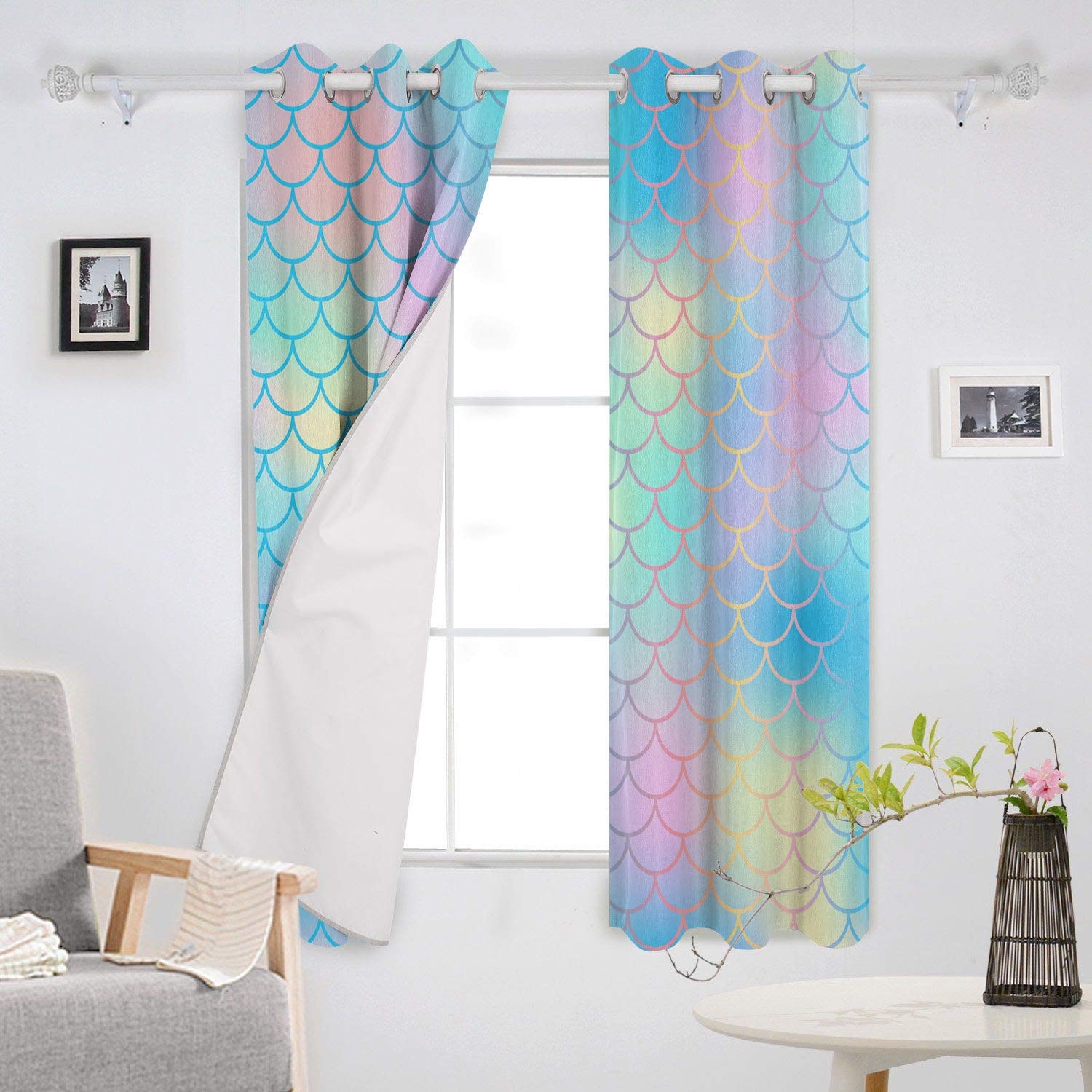 Floral Fish Scale Mermaid Blackout Curtains for Kitchen, Cafe & Office - 2 Panels Set, 104W x 63L Inch - Stylish Window Treatment for Privacy & Sun Protection - Perfect for Home Decor, Restaurants & Workspaces