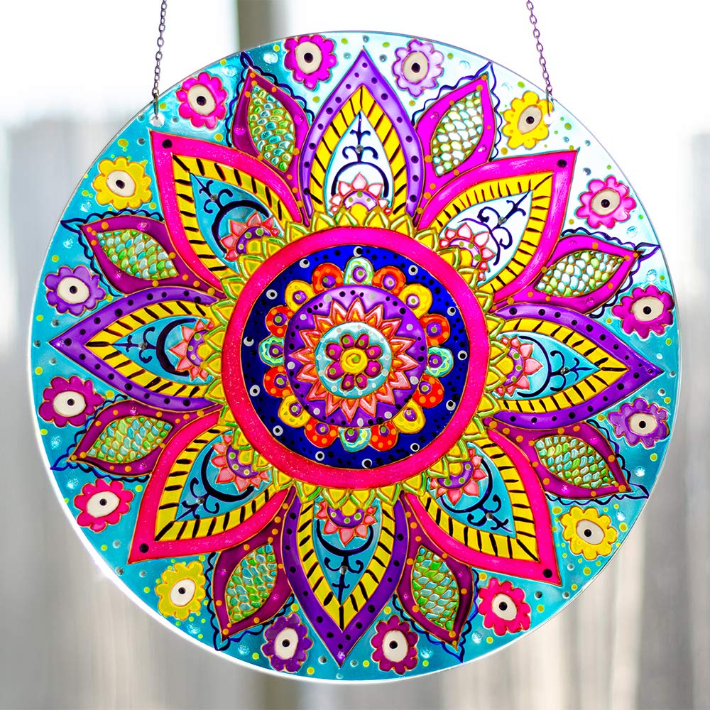 Hand-Painted Mandala Stained Glass Window Hanging Suncatcher - Colorful Circle Sun Catcher Art Decor for Home, Office & Garden Windows - Perfect for Meditation Spaces, Yoga Rooms & Bohemian Home Decor