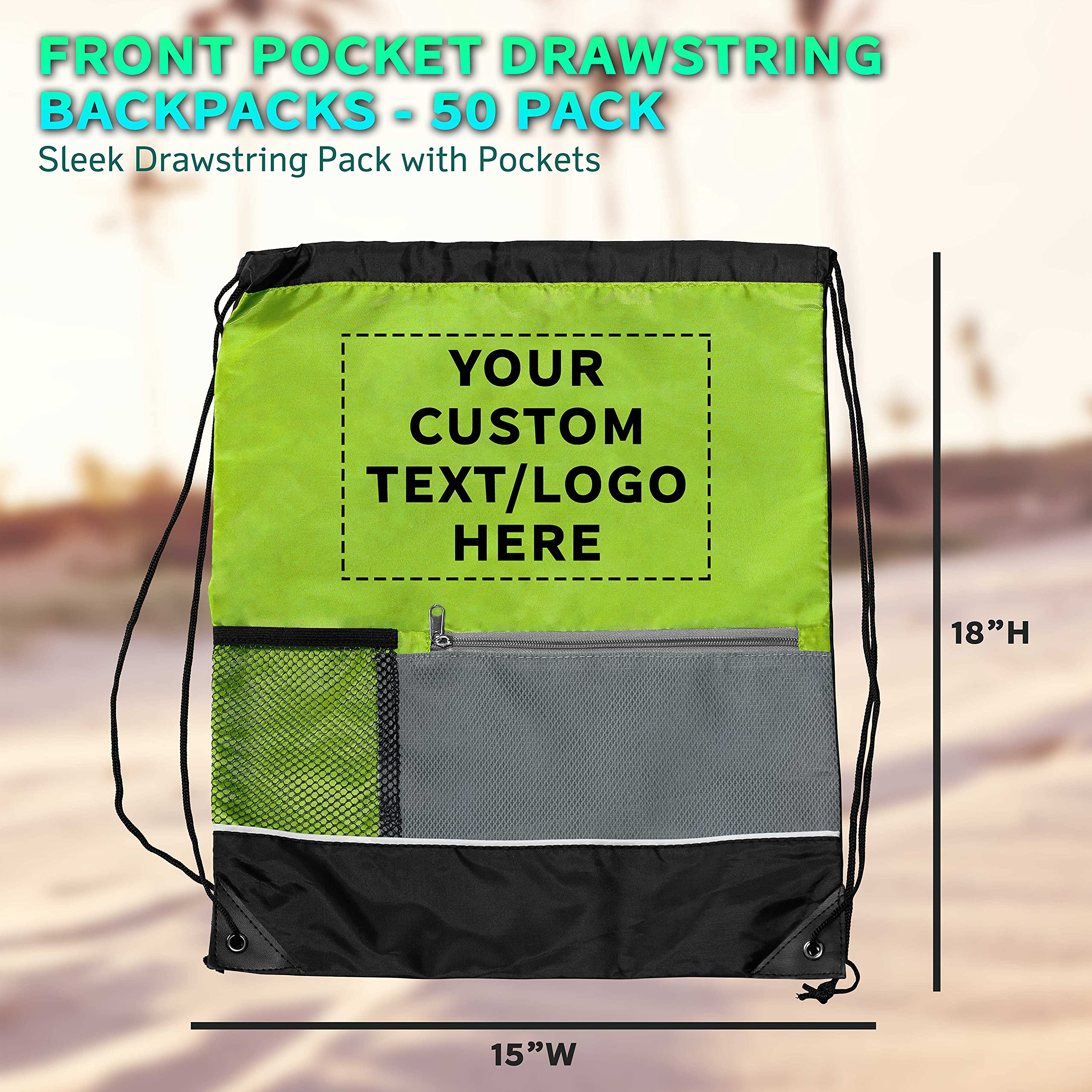 Custom Front Pocket Drawstring Backpacks - Set of 50 Personalized Bulk Pack - Lightweight Reusable Sports Bags for Gym, School & Events - Promotional Lime Green Backpacks for Giveaways & Branding