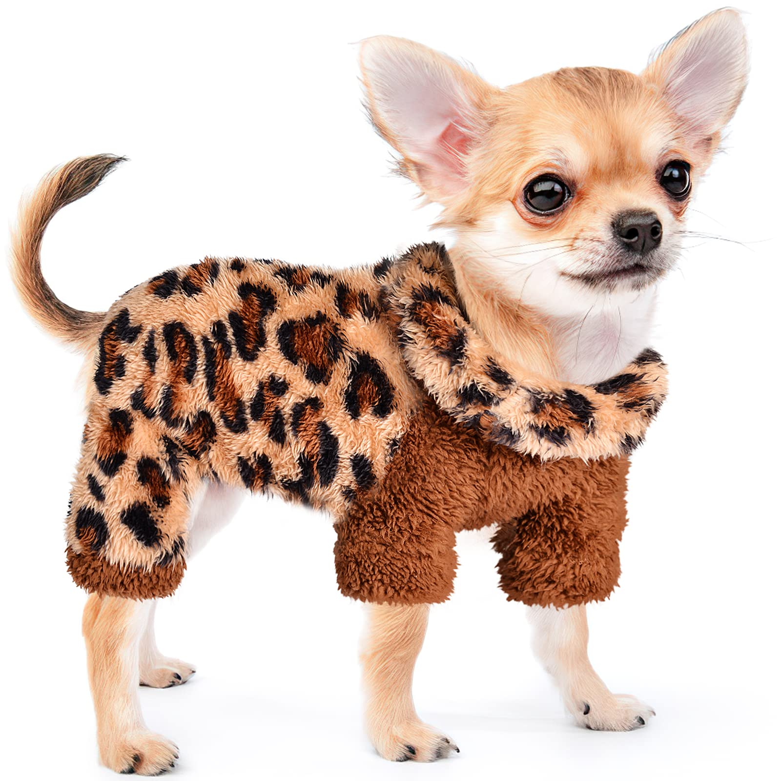 Leopard Print Turtleneck Dog Pajamas for Small Dogs - Fleece Winter Sweater Outfit for Puppies & Cats | Cozy Pet Jumpsuit for Indoor Comfort & Cold Weather (X-Small)