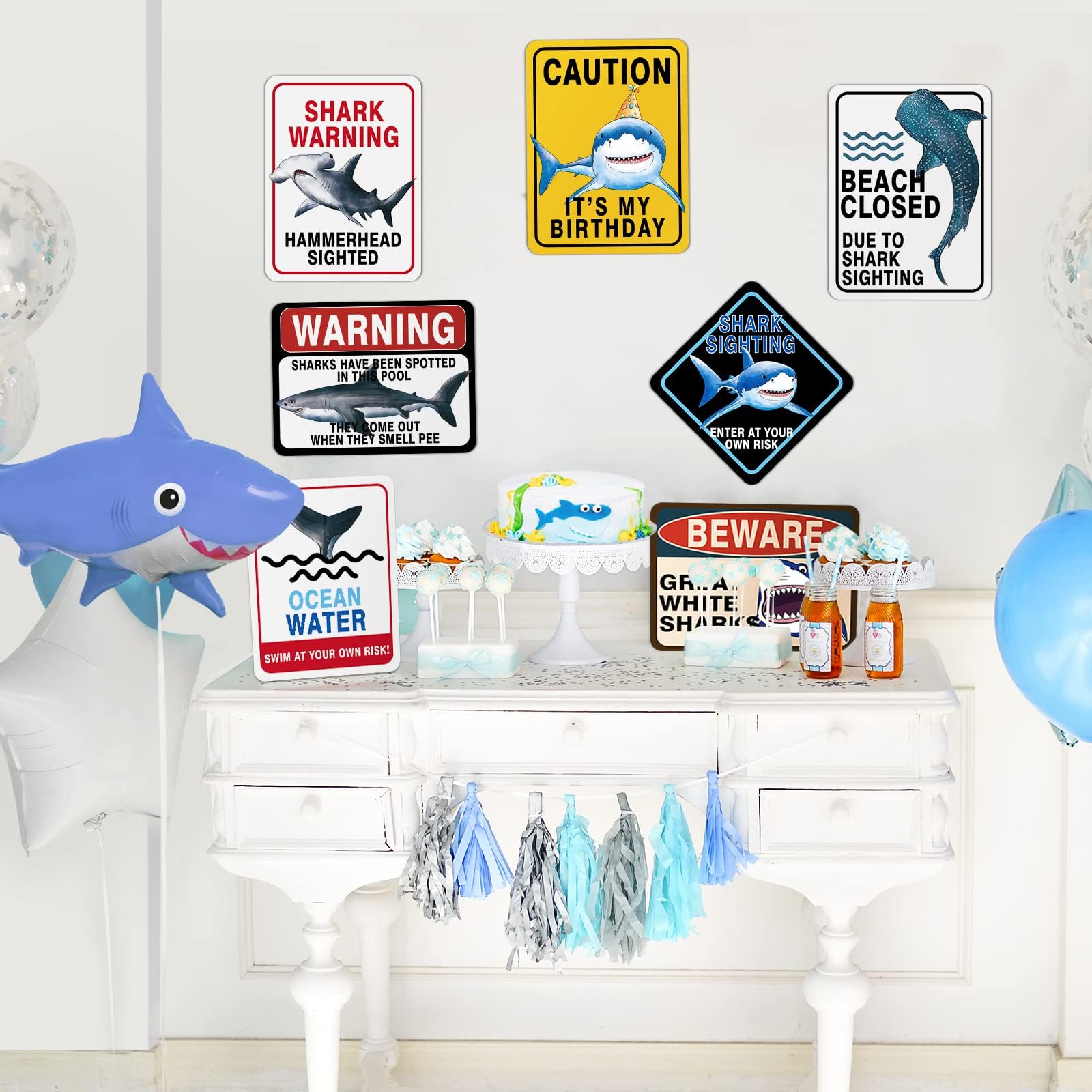 WERNNSAI Shark Zone Party Decorations - 9 PCS Shark Birthday Wall Decor, Posters & Warning Signs for Boys Kids Ocean Theme Party Supplies | Perfect for Underwater Birthday, Baby Shower & Classroom Decor