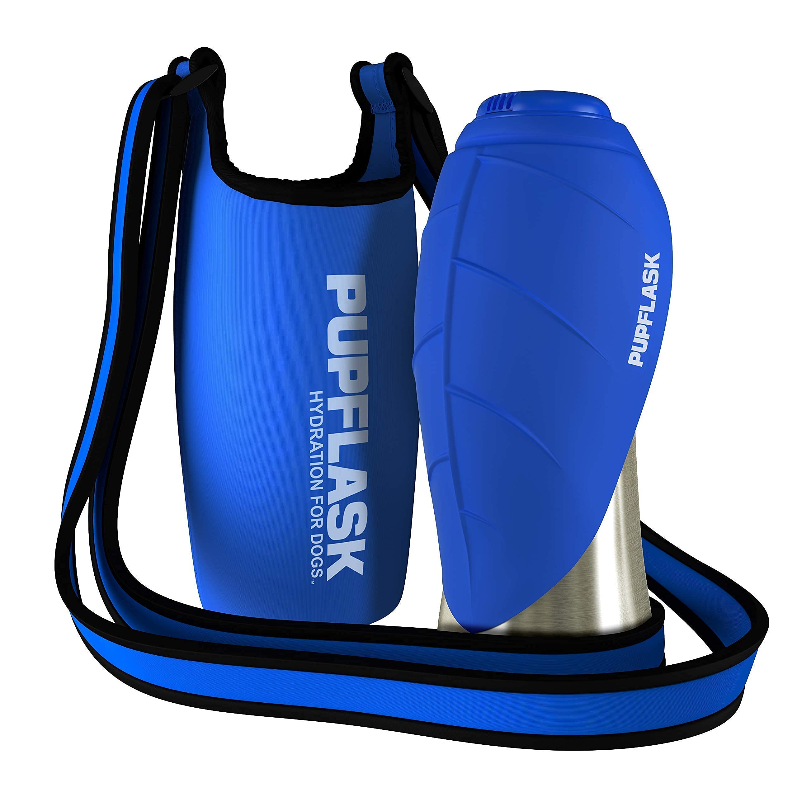 Tuff Pupper Dog Water Bottle Holder with PupFlask - 27oz Portable Pet Water Bottle for Hiking, Walking & Outdoor Adventures - Blue