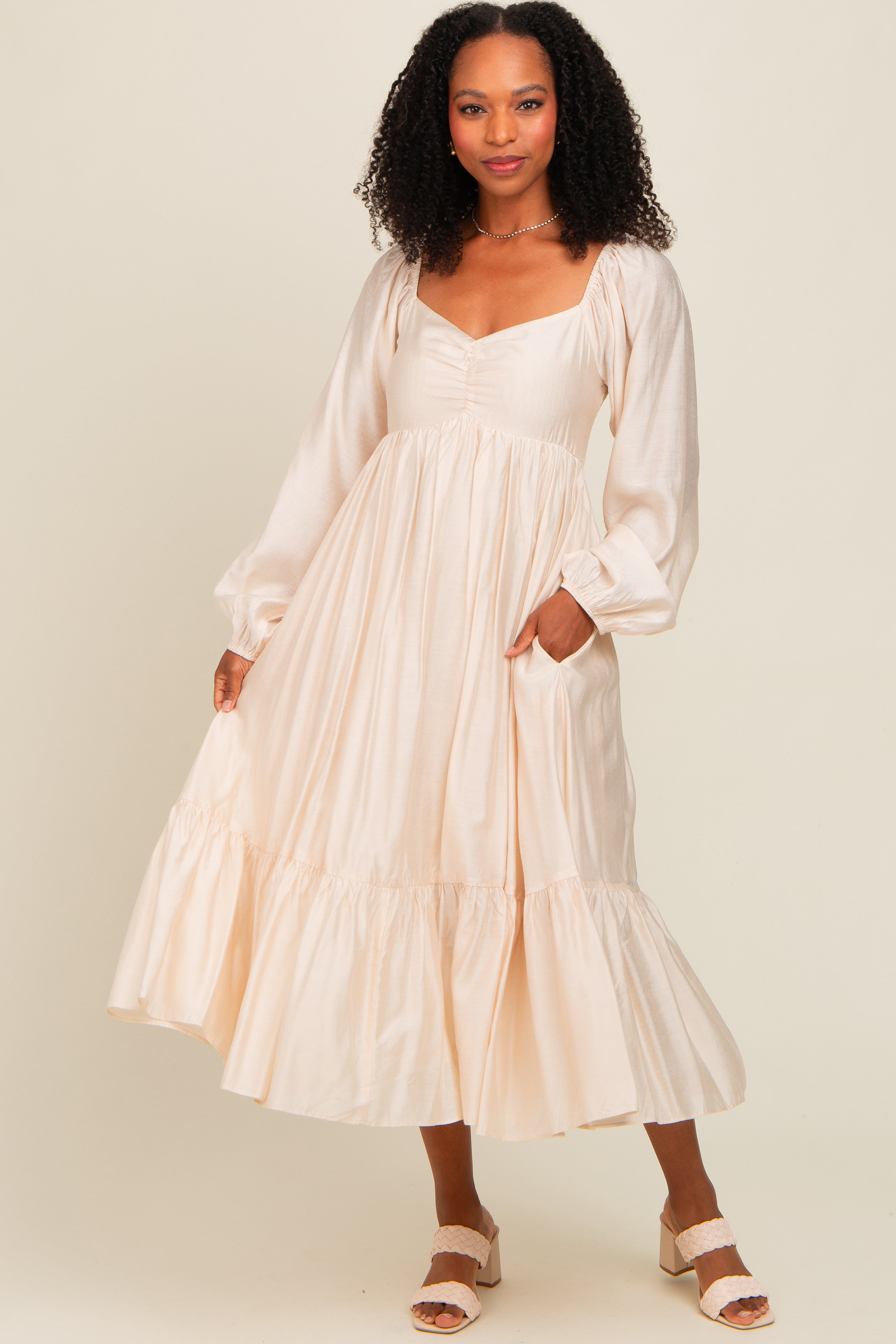 Beige Front Ruched Babydoll Maternity Midi Dress for Pregnancy - Comfortable Stretchy Nursing Dress for Baby Shower, Photoshoot & Special Occasions