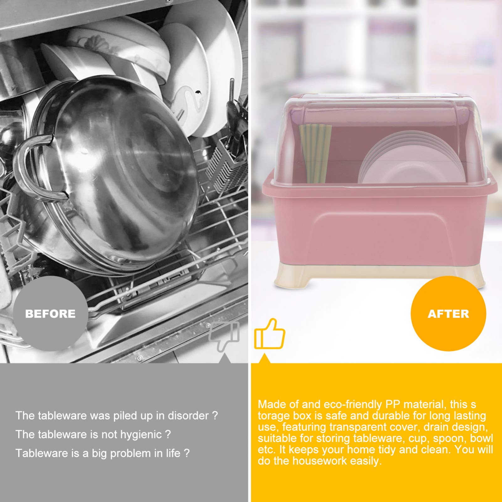 Pink Dish Drying Rack with Lid - Space Saving Bottle Storage Organizer for Kitchen Cabinet - Holds Coffee Mugs, Tea Cups, Bowls & Kitchenware - Perfect for Small Spaces, Dish Organization & Countertop Storage