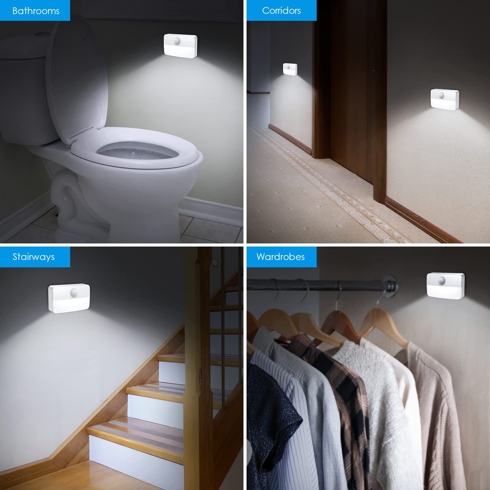 AMIR Mini Motion Sensor Light - 6 Pack Battery-Powered LED Night Light for Stairs, Hallway, Bathroom, Kitchen, Cabinet & Closet - Cordless Wall Light with Auto On/Off - Perfect for Safety Lighting at Night