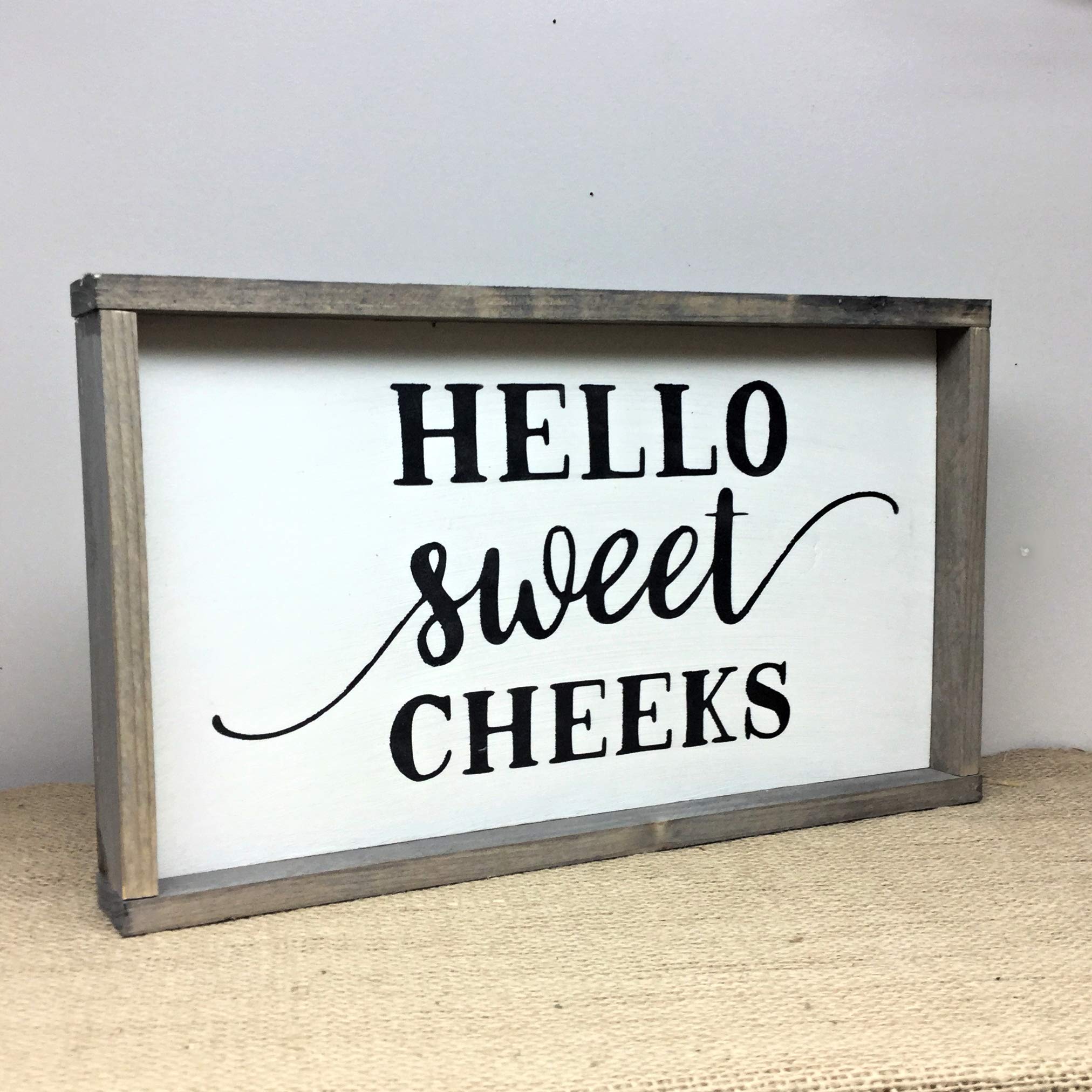 Funny Bathroom Sign - Hello Sweet Cheeks Rustic Wood Decor for Farmhouse, Powder Room & Guest Bath - Humorous Home Wall Art Gift
