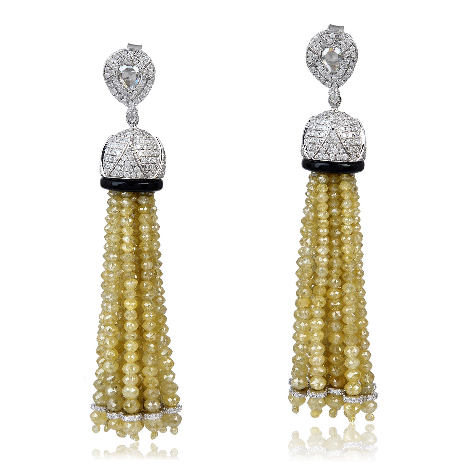 Faceted Ice Diamond Round Onyx Studded Tassel Earrings in White Gold - Elegant Jewelry Gift for Women, Wife, Girlfriend - Perfect for Weddings, Anniversaries & Special Occasions