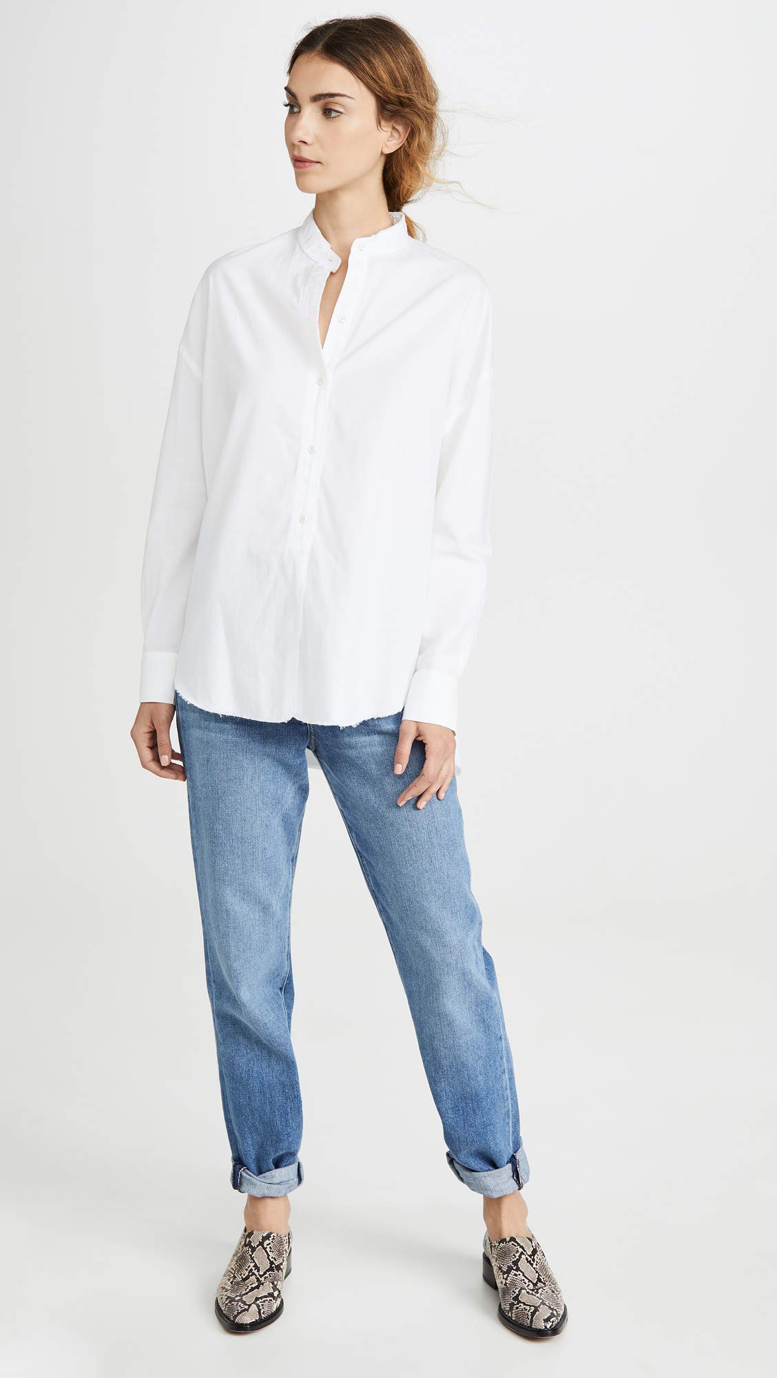 Vince Women's Raw Edge Oversized Long Sleeve Shirt - Soft Cotton Blend Tunic Top for Casual Wear & Layering