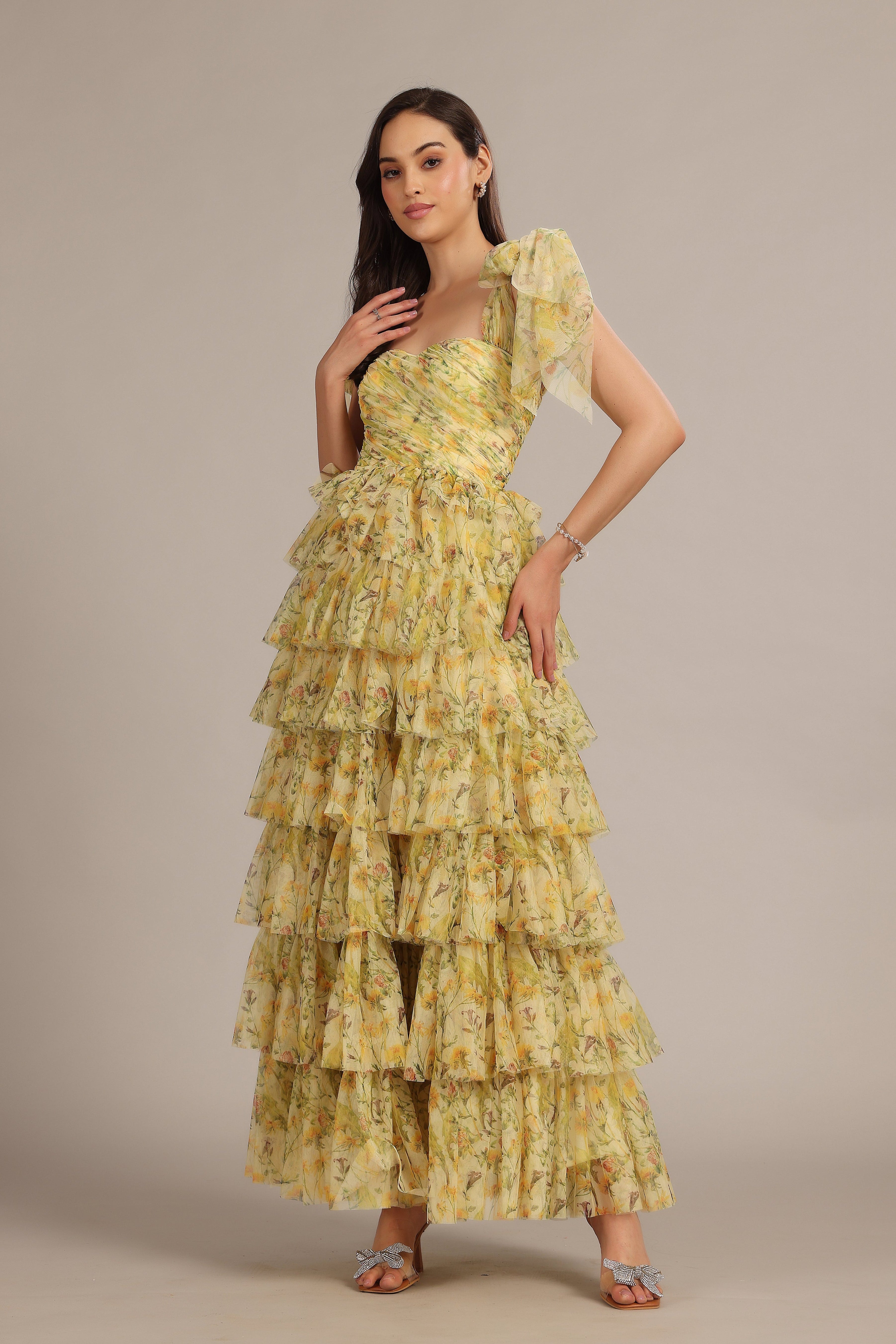Ophelia Yellow Floral Maxi Dress with Tie Detail - Women's Summer Boho Dress for Beach, Vacation & Outdoor Events