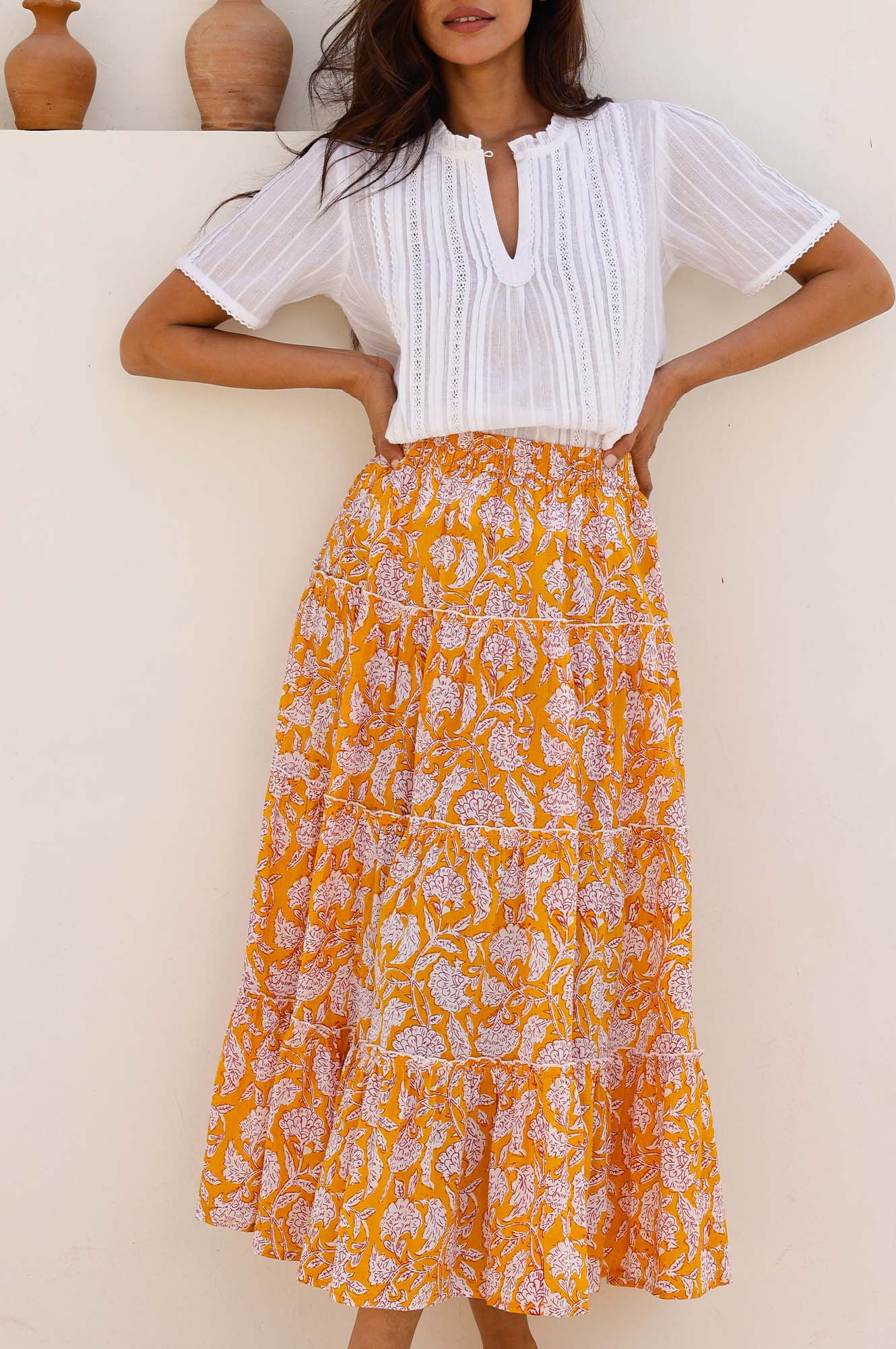 One Size Floral Print Skirt - Dianthus Yellow & White | Women's Summer Skirt for Beach, Vacation & Casual Outfits