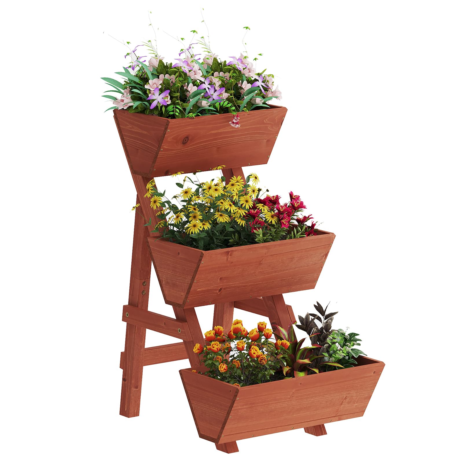 3-Tier Wooden Raised Garden Bed - Outdoor/Indoor Planter Box for Vegetables, Flowers, Herbs | Durable Wood Plant Stand for Patio, Balcony, Backyard Gardening (Brick Red, Small Size)