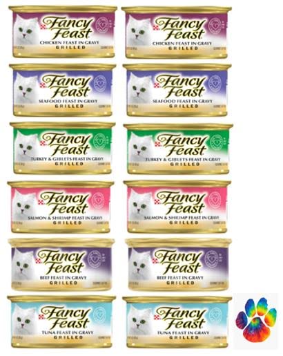Fancy Feast Grilled Wet Canned Cat Food Variety Pack - 6 Flavor Bundle (3 Oz Each, Pack of 12) with Free Weatherproof 2.5