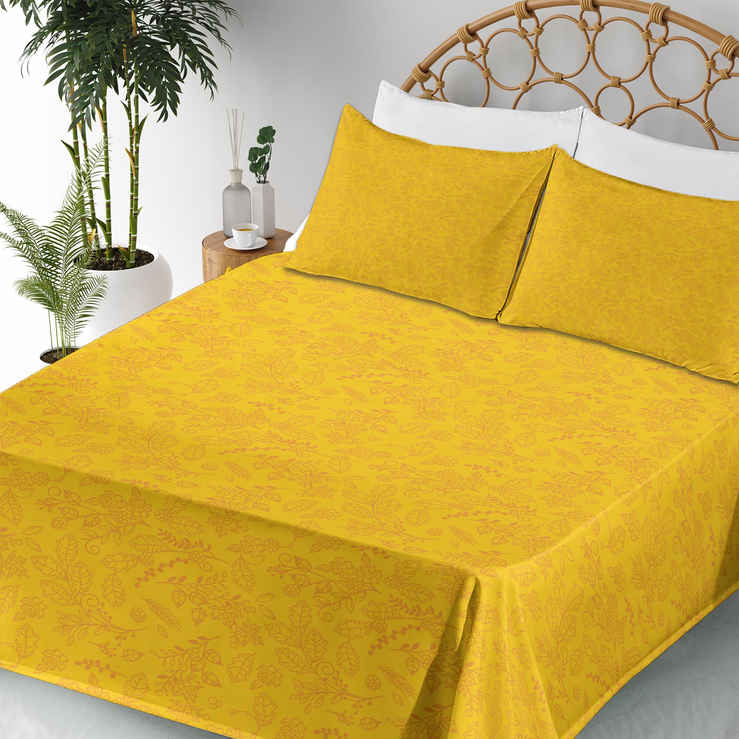 Ambesonne Floral King Sheet Set - 4 Piece Autumn Bay Leaf & Blueberry Pattern Bedding with Fitted Sheet, Flat Sheet & Pillowcases | Marigold Fall Decor for Cozy Seasonal Bedroom Styling