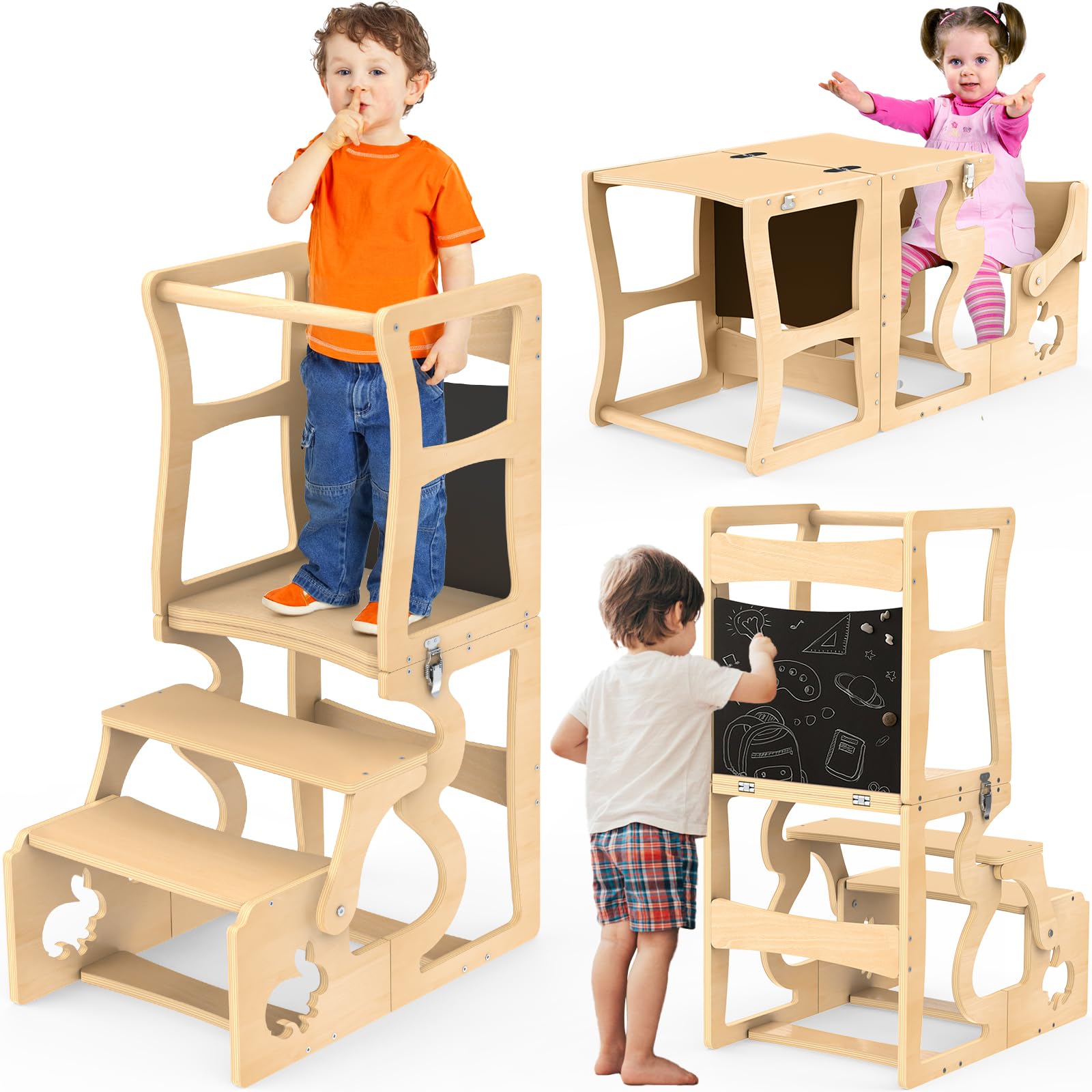 Foldable Toddler Tower & Kitchen Stool Helper - Safe Learning Wooden Step Stool for Kids, Weaning Table for Bathroom & Kitchen Counter - Perfect for Cooking, Baking & Bath Time