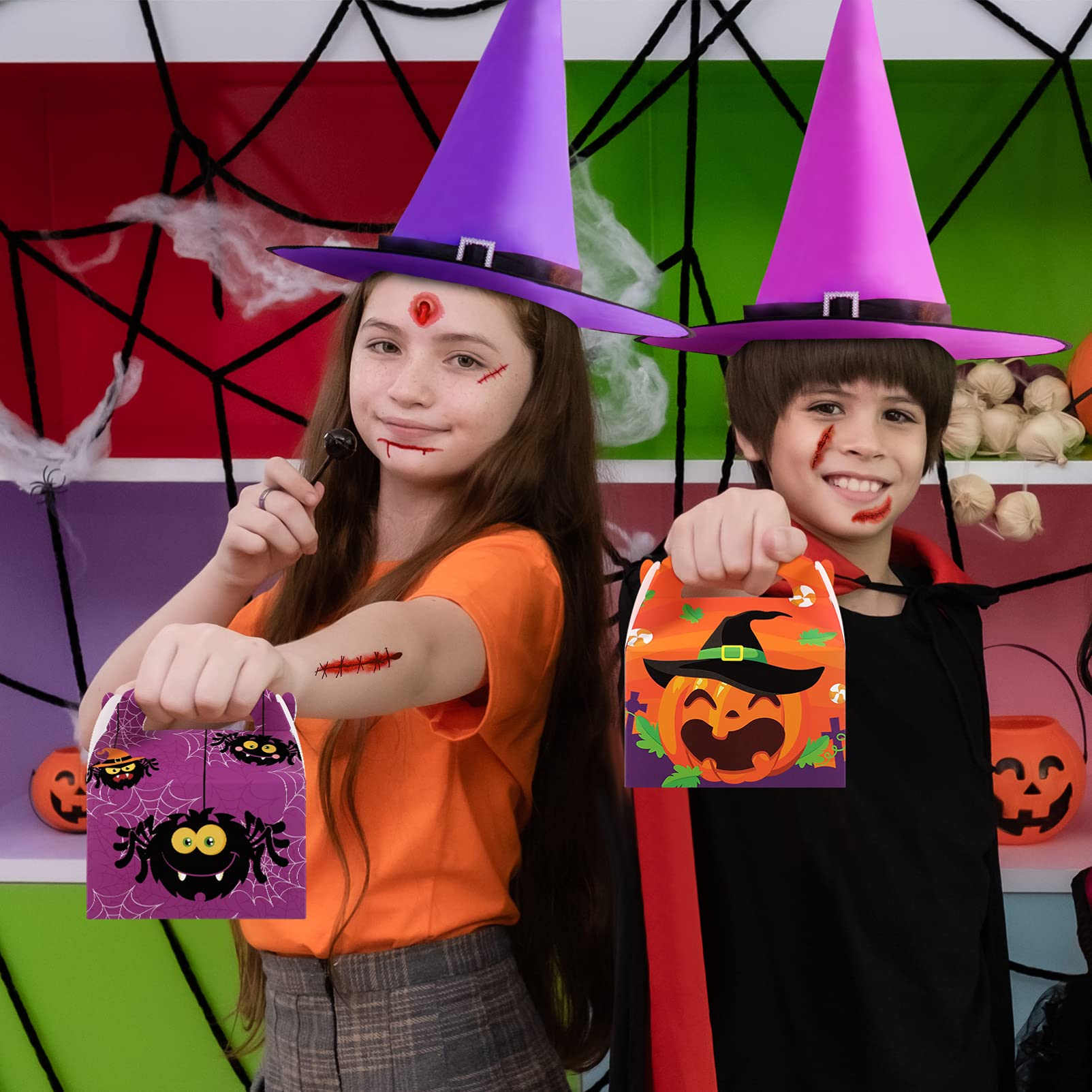 24pcs Halloween Treat Boxes with Handles - Cabilock Cardboard Candy Cookie Goodie Boxes for Party Favors | Holiday Festival Supplies for Trick-or-Treating, Classroom Treats & Halloween Party Decorations
