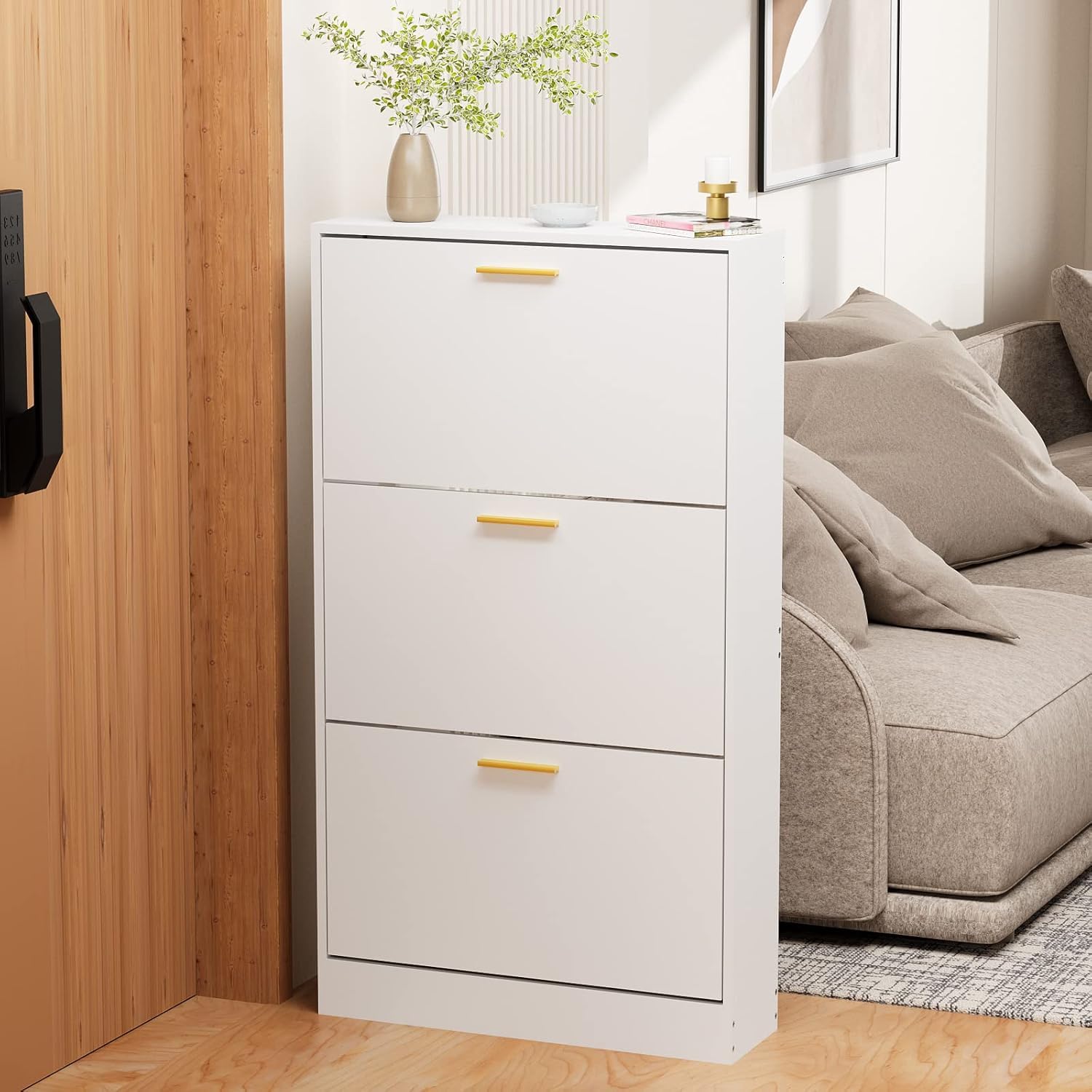 JOZZBY White Slim Shoe Cabinet with 3 Flip Drawers - Modern Freestanding Shoe Storage Organizer for Entryway, Hallway & Living Room | Space-Saving Narrow Shoe Rack for Small Spaces & Apartments