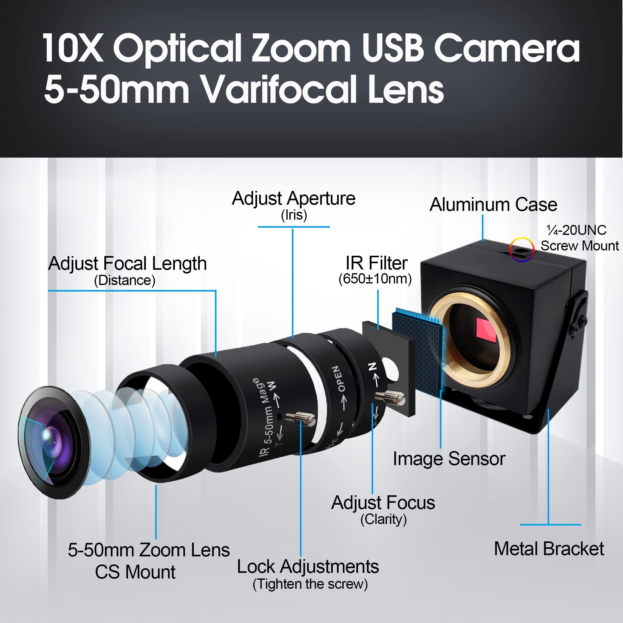 SVPRO 8MP USB Webcam with Manual Focus & 5-50mm Varifocal Lens - 10X Zoom External Camera for PC/Laptop (Plug & Play UVC) - Perfect for Video Conferencing, Live Streaming & Online Classes