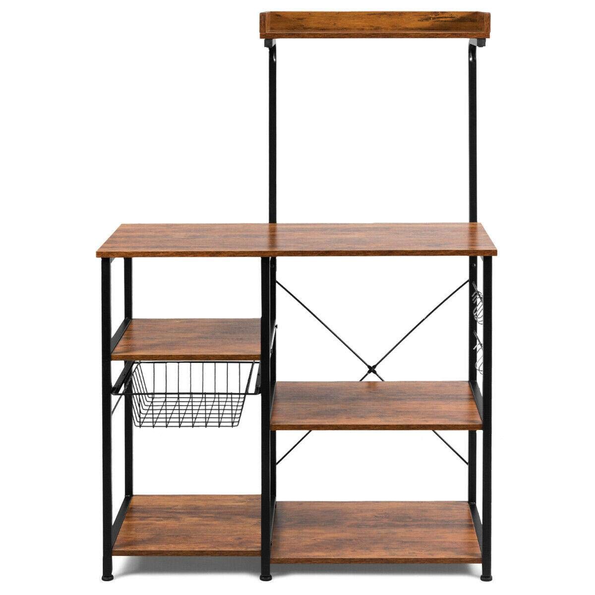 Vintage 4-Tier Kitchen Baker's Rack with Microwave Stand - Brown Wooden Storage Shelf for Dining Room & Kitchen Organization | Perfect for Small Spaces, Pantry Storage, and Countertop Appliance Display