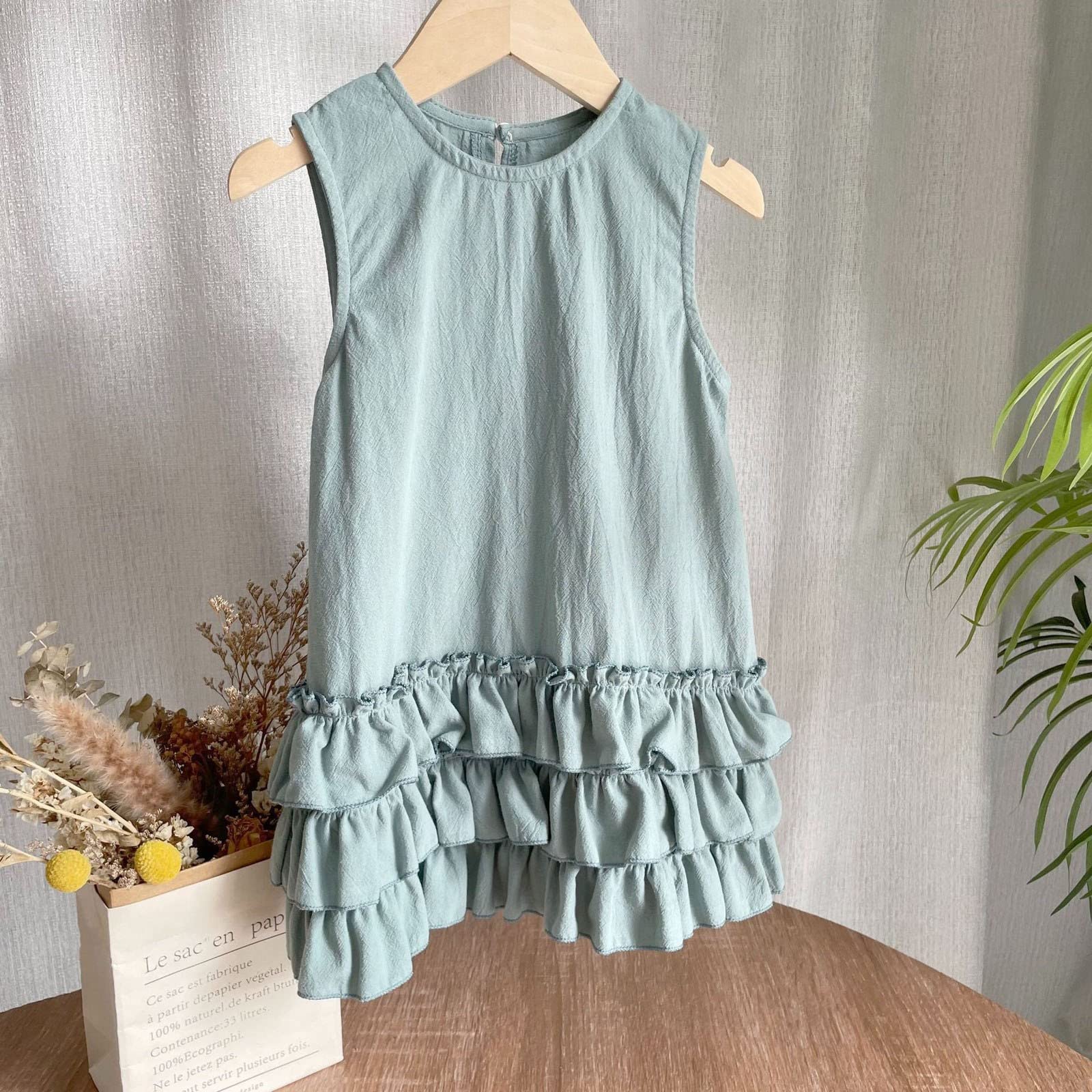 Girls Cotton Linen Lace Vest Dress - Sleeveless Princess Style Summer Outfit for Toddlers (Green, Size 4-5 Years) | Perfect for Birthday Parties, Photo Shoots & Special Occasions