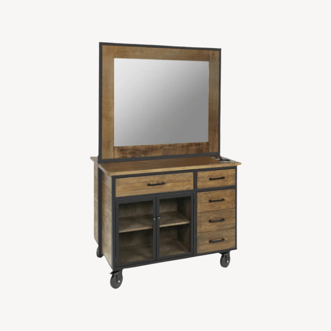 Sierra Reclaimed Double Sided Styling Station - Professional Salon Vanity with Mirror & Storage for Hair Stylists & Makeup Artists - Perfect for Home Salons & Beauty Studios