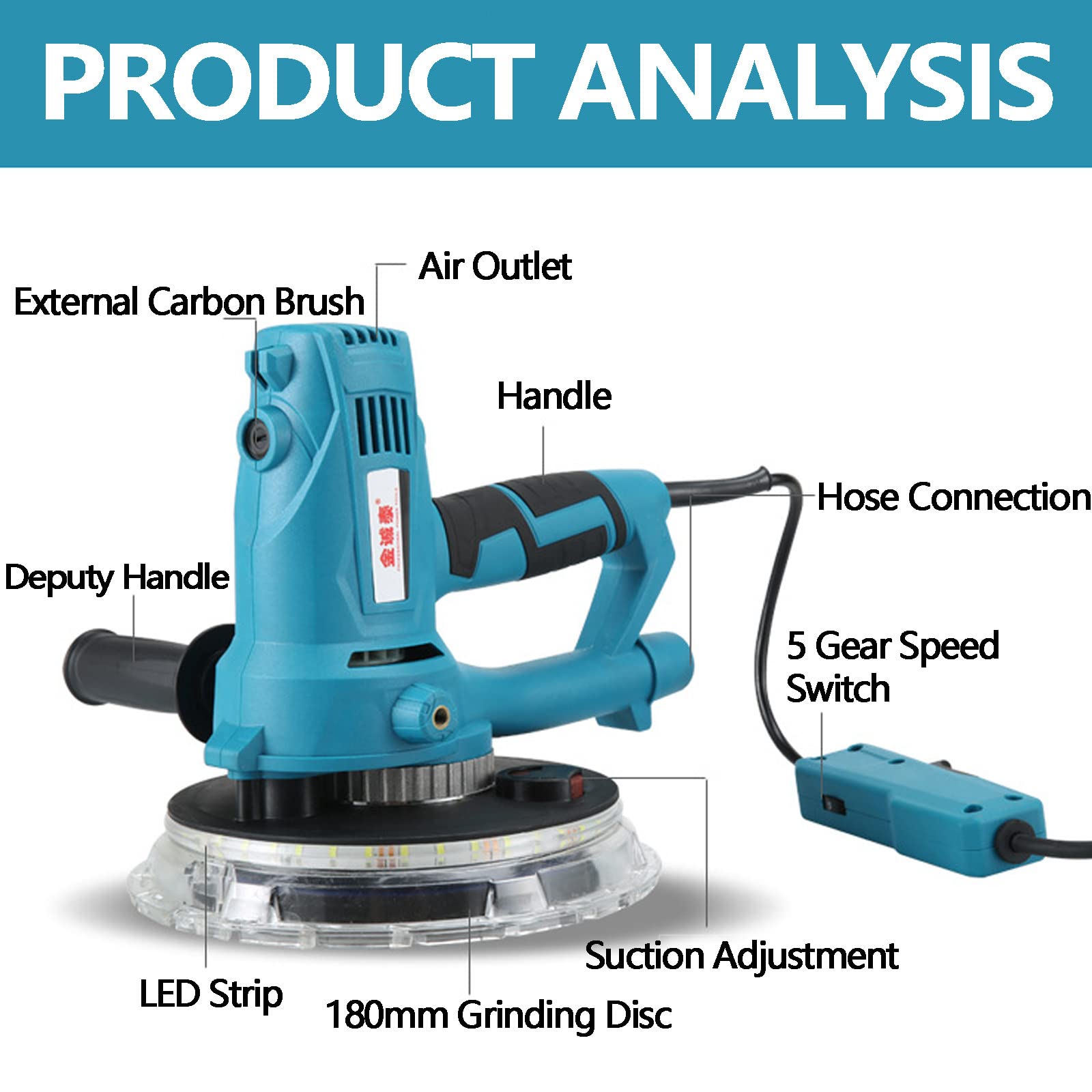 Electric Drywall Sander with Vacuum Auto Dust Collection - 1000-2100 RPM Variable Speed, LED Strip Light & Vacuum Bag - Perfect for Home Renovation, Wall Repair and Professional Sheetrock Sanding