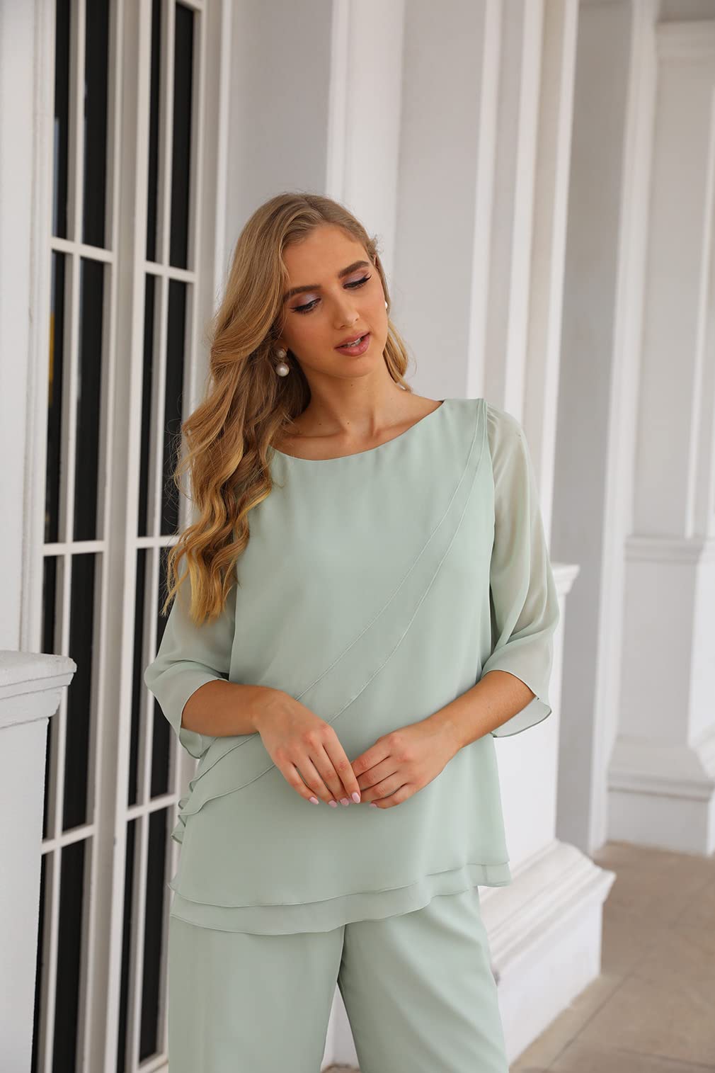 Elegant Women's 2-Piece Chiffon Half Sleeve Pant Suits for Mother of The Bride & Wedding Guests | Formal Occasion Outfit for Weddings, Parties & Special Events