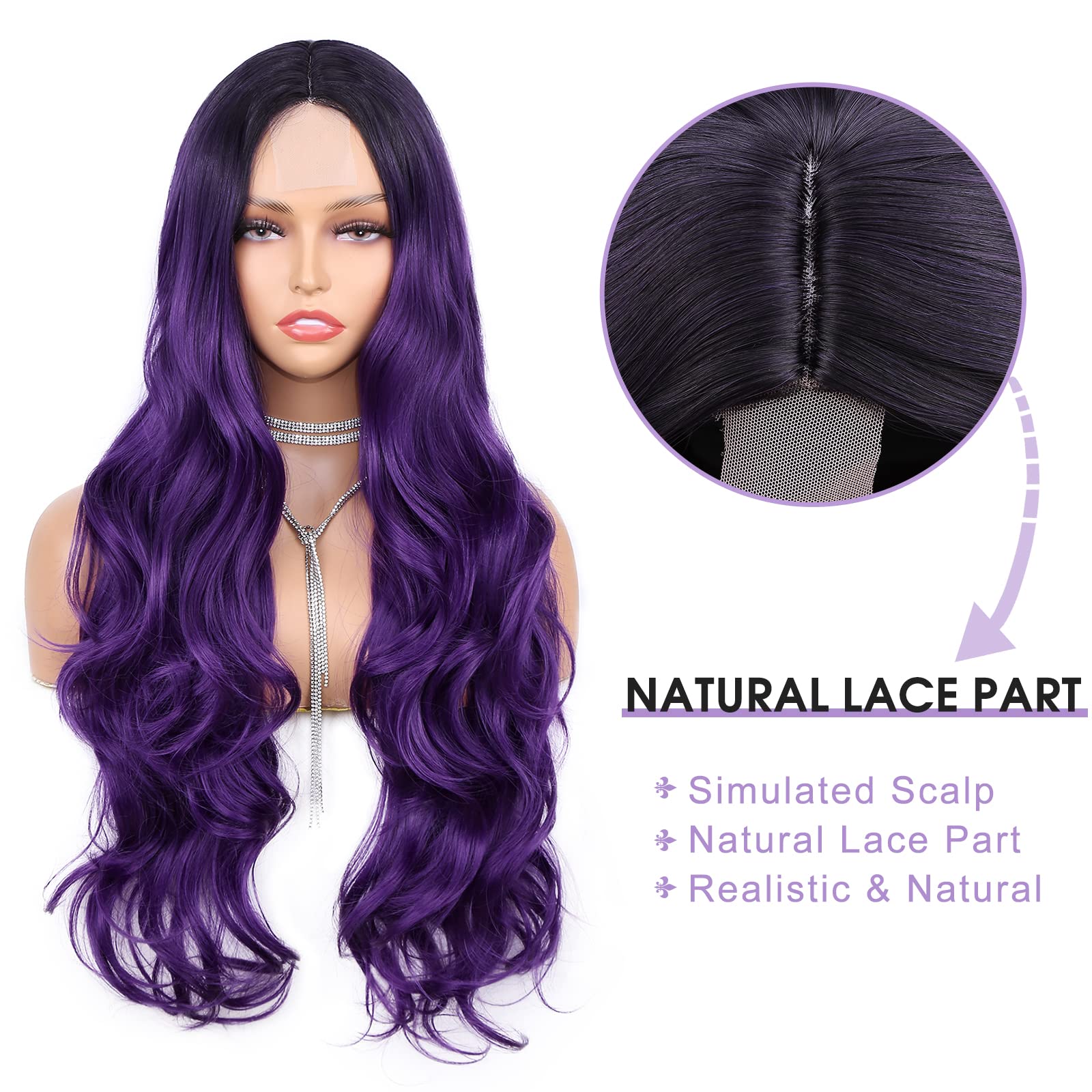 WIGNEE 26-Inch Ombre Purple Body Wave Synthetic Lace Wig for Black Women - Dark Roots, Middle Part, Long Wavy Hair (1B/Purple) | Perfect for Cosplay, Halloween, Parties & Daily Fashion