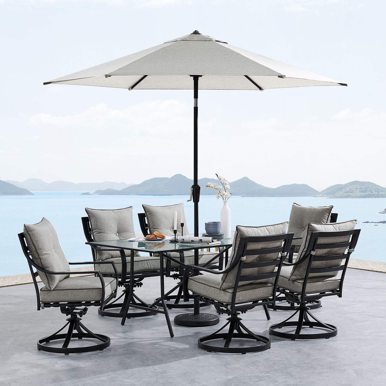 Hanover Lavallette 7-Piece Modern Outdoor Dining Set with Umbrella - 2 Swivel Rockers, 4 Stationary Chairs & 66