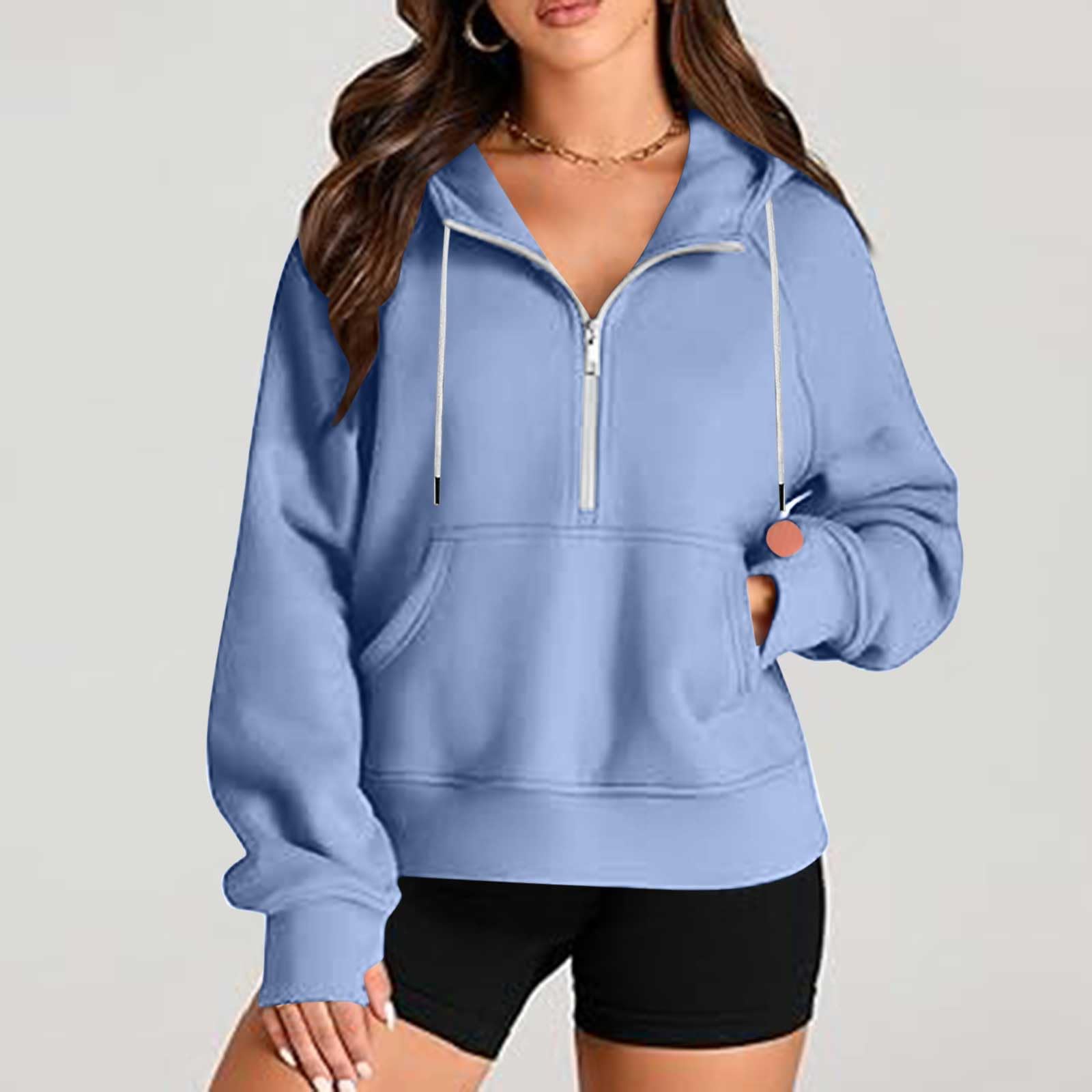 Women's Half Zip Pullover Fleece Quarter Zip Hoodie with Thumb Holes - Trendy Fall Sweatshirt 2024 | Cozy Blue Fleece Top for Casual Wear, Outdoor Activities & Lounge Comfort