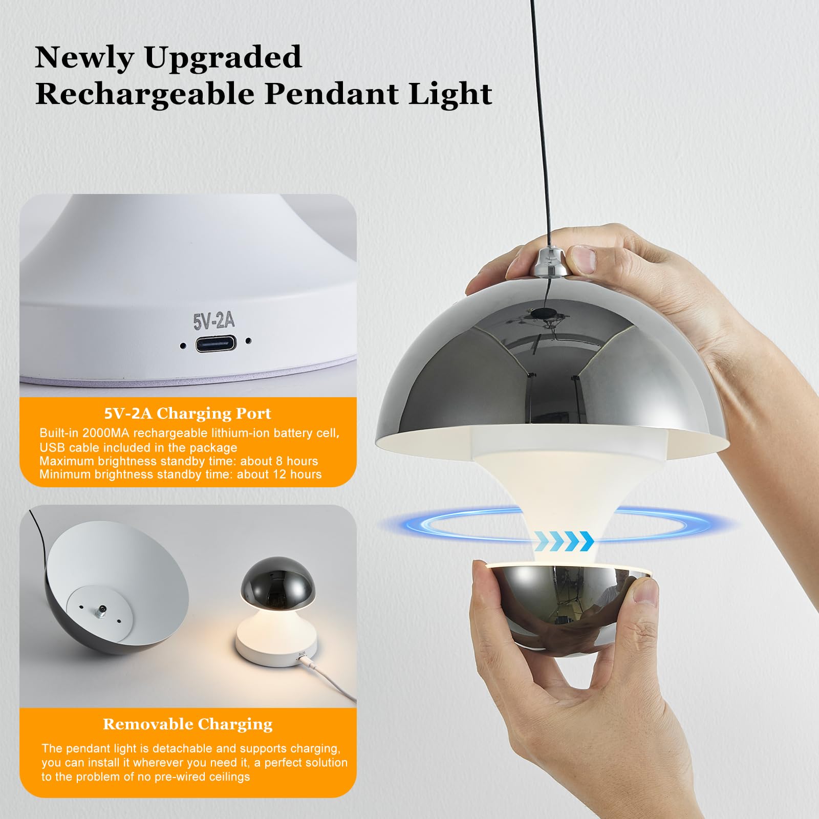 Modern Black Wireless LED Pendant Light for Kitchen Island - Rechargeable Battery Operated, 3-Color Touch Dimmable, No Wiring Needed, Height Adjustable - Perfect for Bedroom, Bedside & Dining Room Lighting