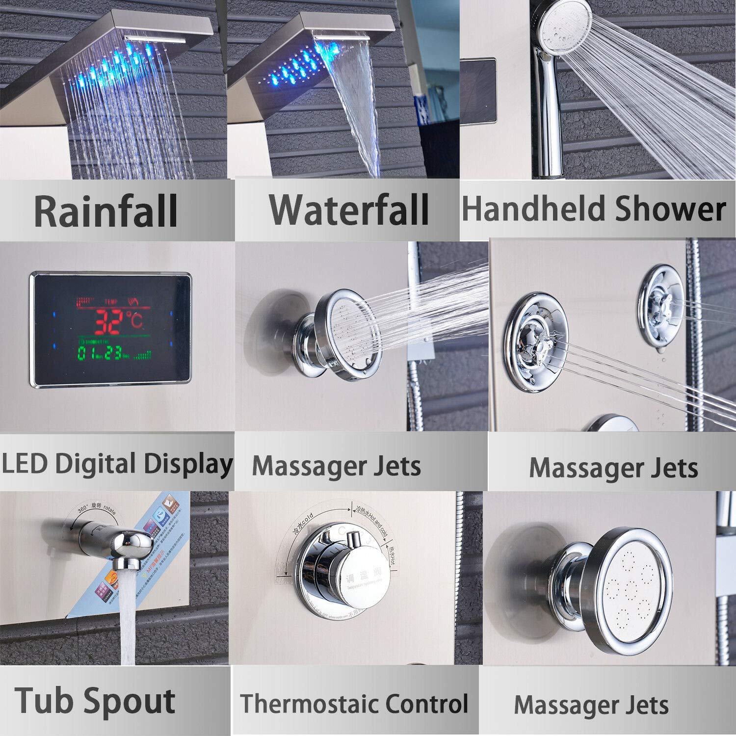 Premium Wall Mounted Bathroom Shower Panel Tower System - 8 Function LED Rainfall Showerhead, Massage Jets, Handheld Shower & Brushed Nickel Finish for Spa-Like Luxury Shower Experience | Perfect for Master Bathroom Renovation & Modern Home Upgrade