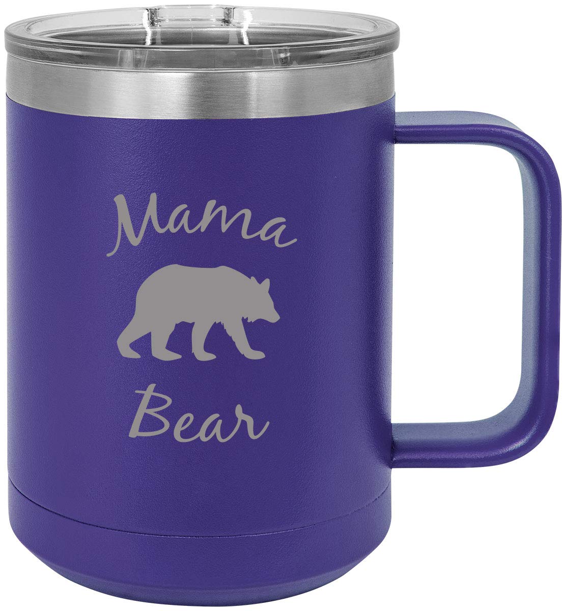Premium Mama Bear 15oz Stainless Steel Vacuum Insulated Travel Coffee Mug with Slider Lid - Engraved Purple Tumbler for Hot & Cold Drinks - Perfect for Commuting, Camping, and Office Use