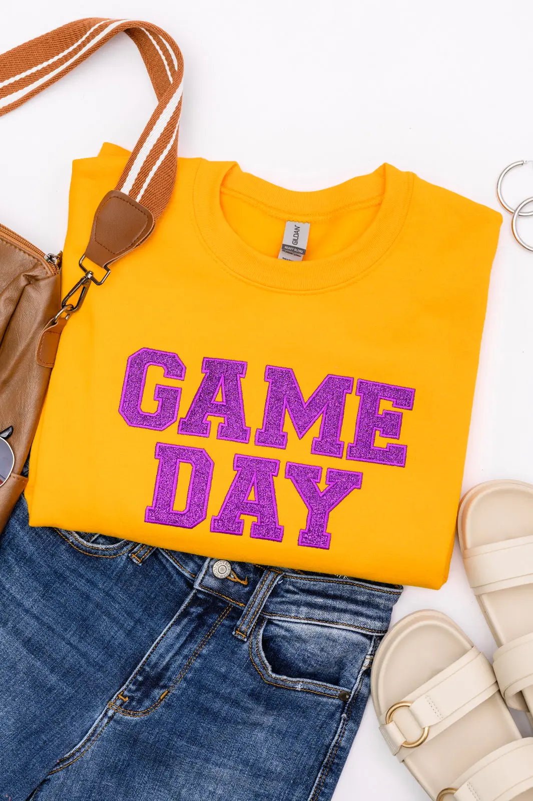 PREORDER: Embroidered Glitter Game Day Sweatshirt - Gold & Purple Team Colors | Perfect for Football Tailgates, College Parties & Sports Fan Apparel