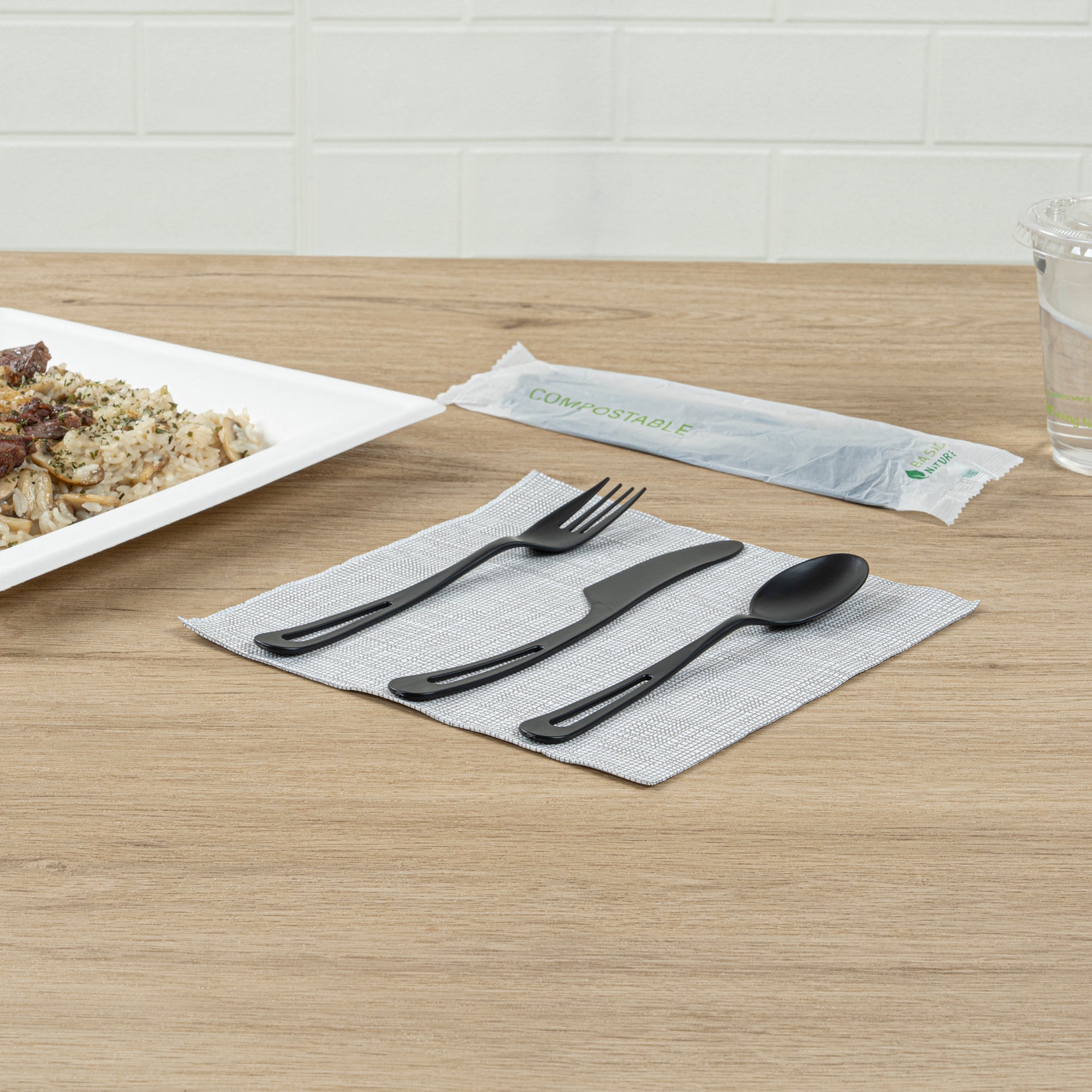 Eco-Friendly Black CPLA Plastic Cutlery Set - 100-Piece Compostable Utensils with Heat-Resistant Wrapper (7.5